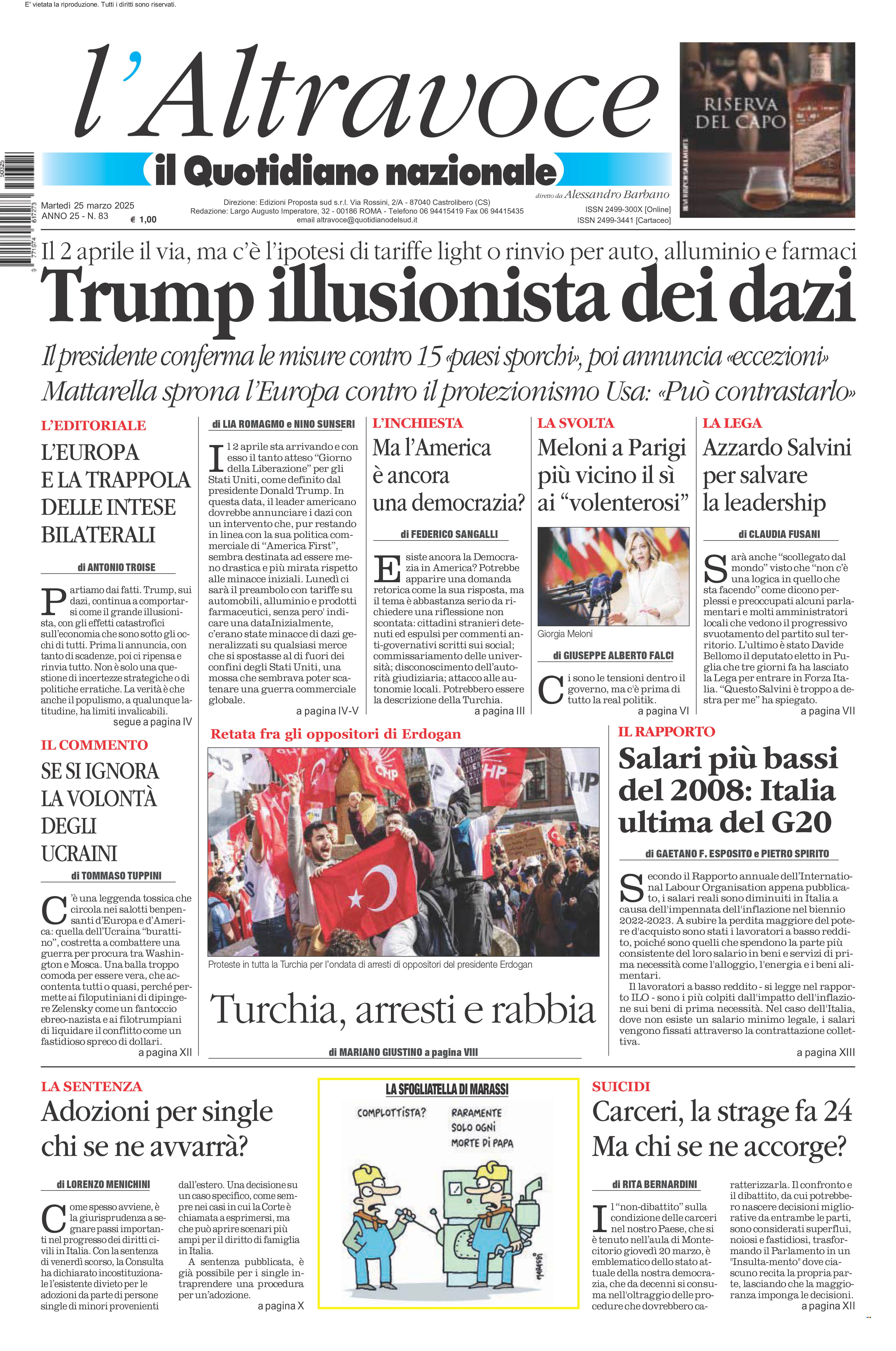 La prima pagina de l’ALTRAVOCE in edicola oggi