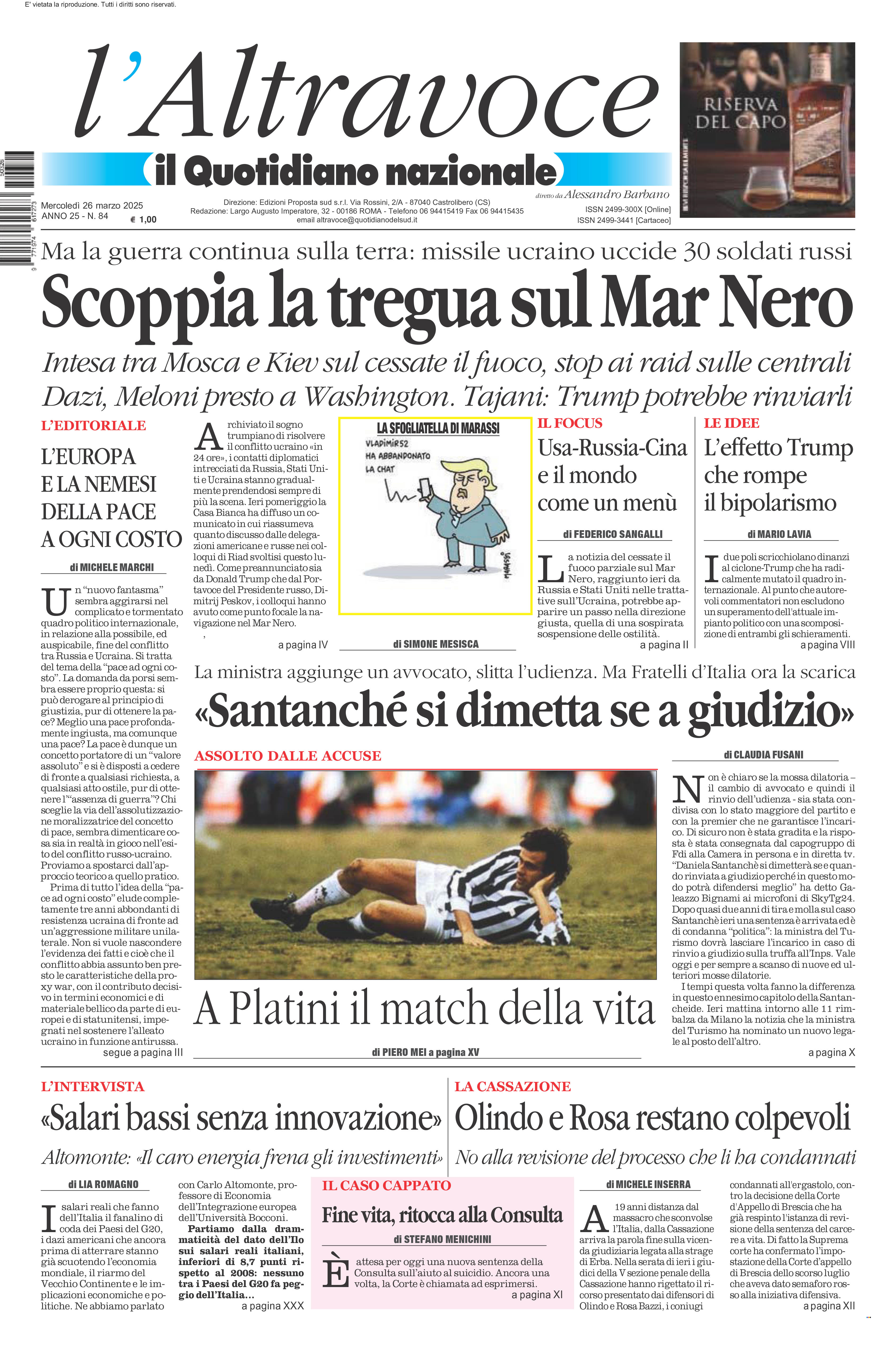 La prima pagina de l’ALTRAVOCE in edicola oggi