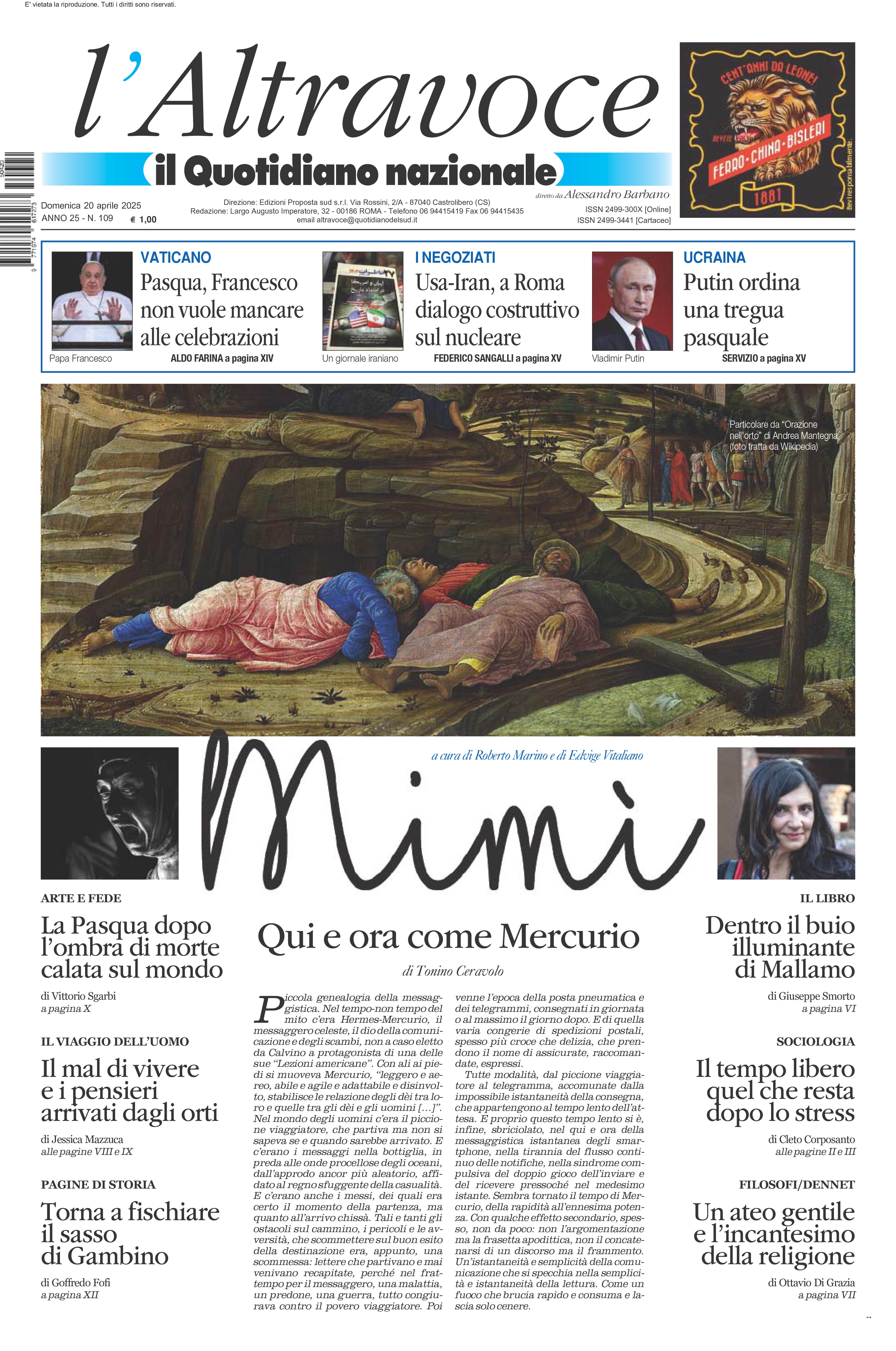 La prima pagina de l’ALTRAVOCE in edicola oggi