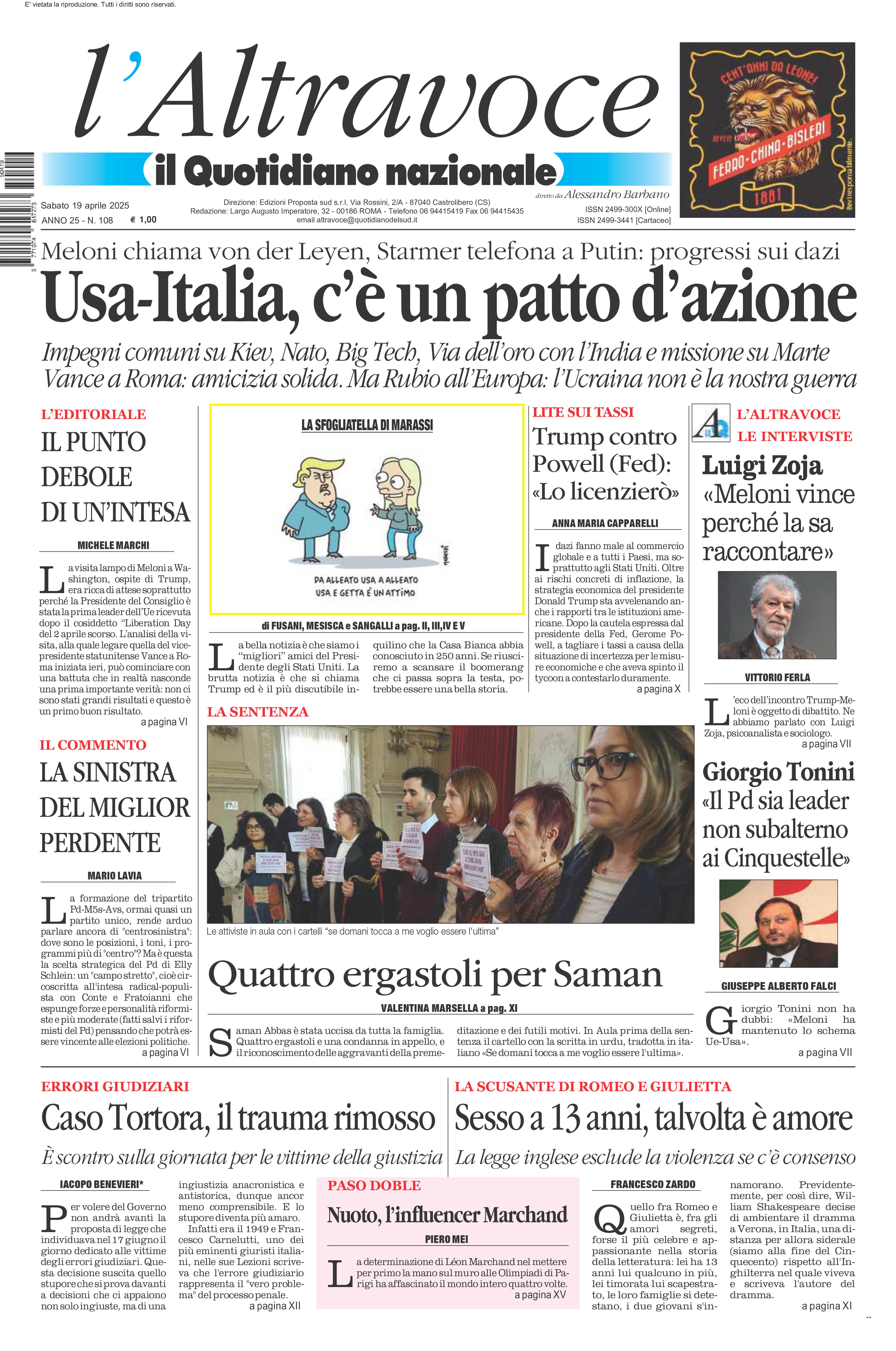 La prima pagina de l’ALTRAVOCE in edicola oggi