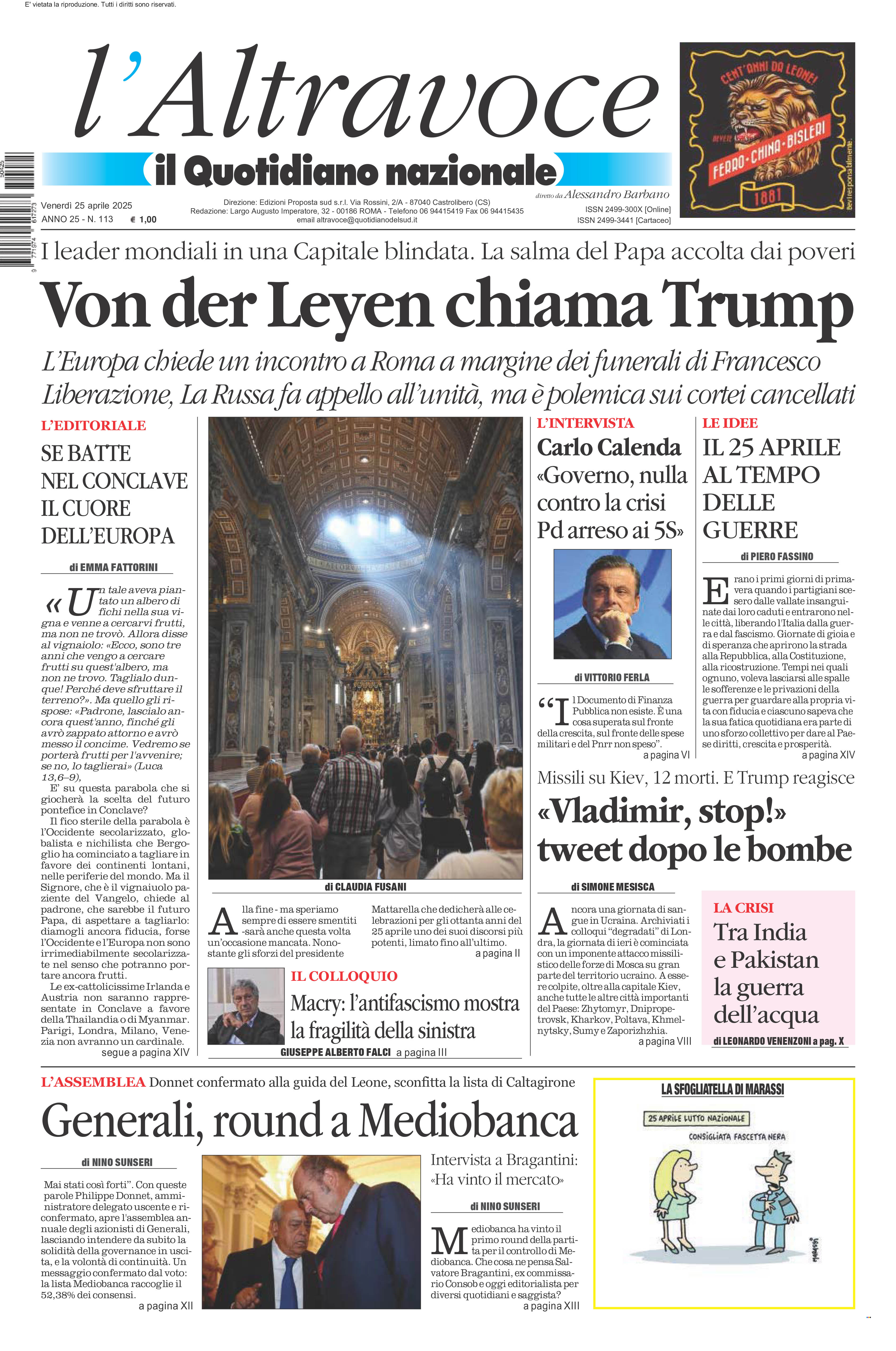 La prima pagina de l’ALTRAVOCE in edicola oggi