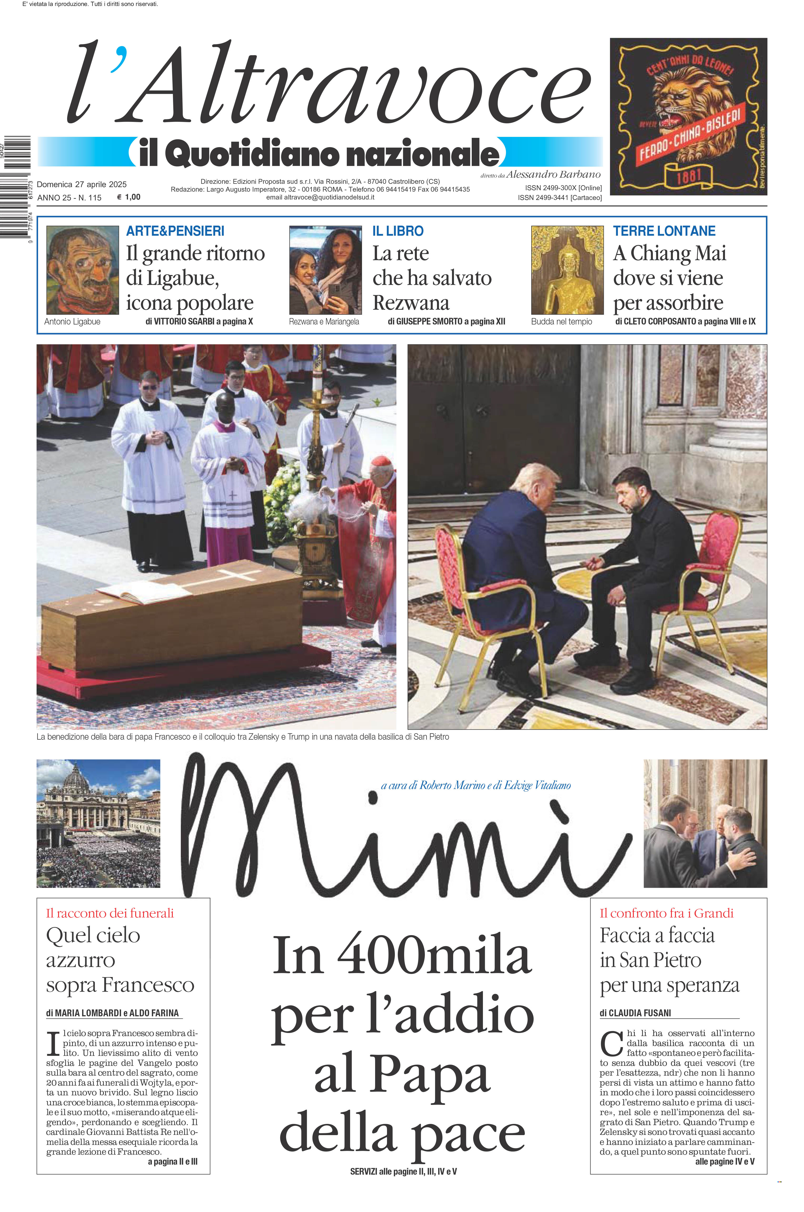La prima pagina de l’ALTRAVOCE in edicola oggi
