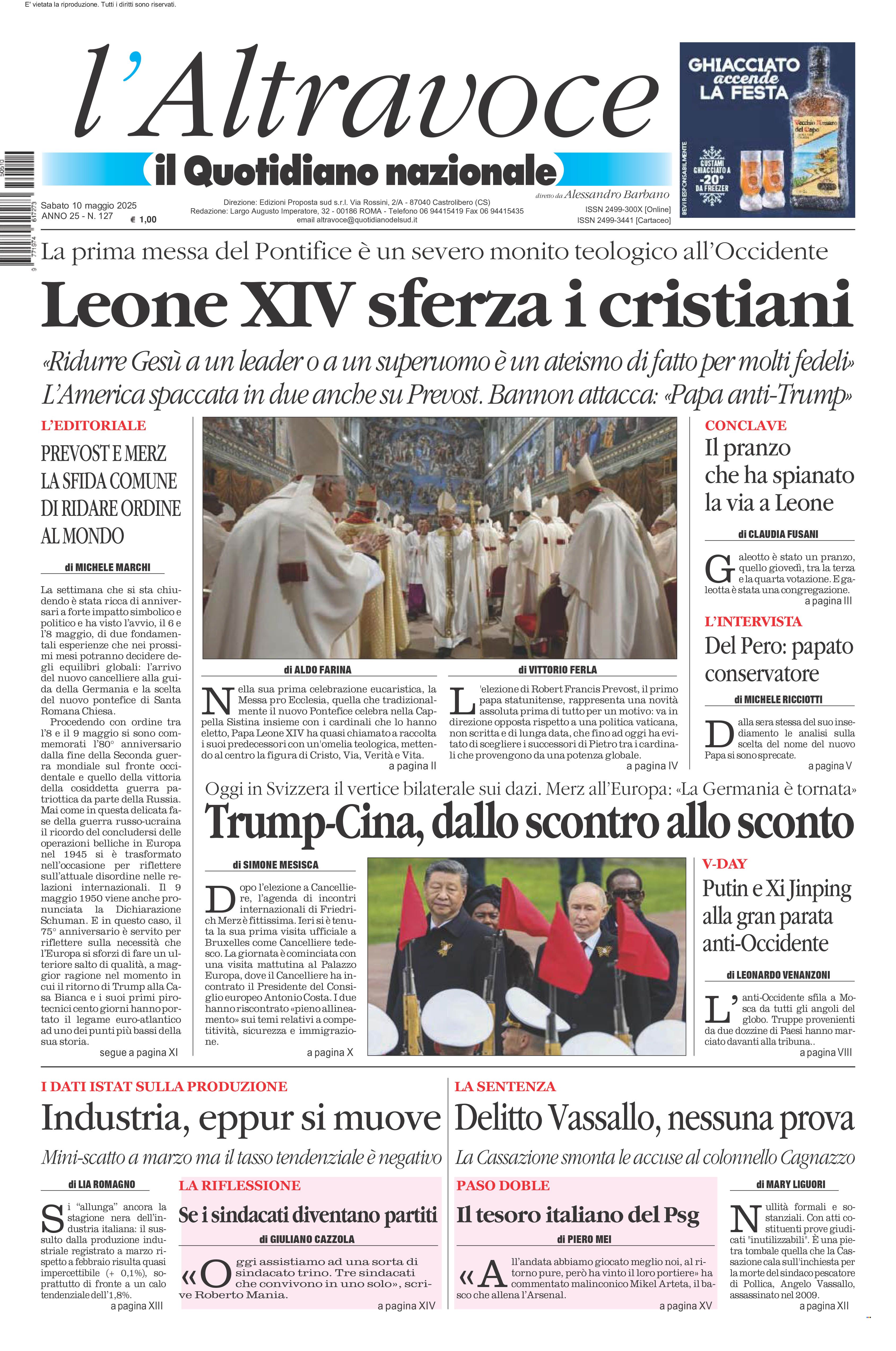 La prima pagina de l’ALTRAVOCE in edicola oggi