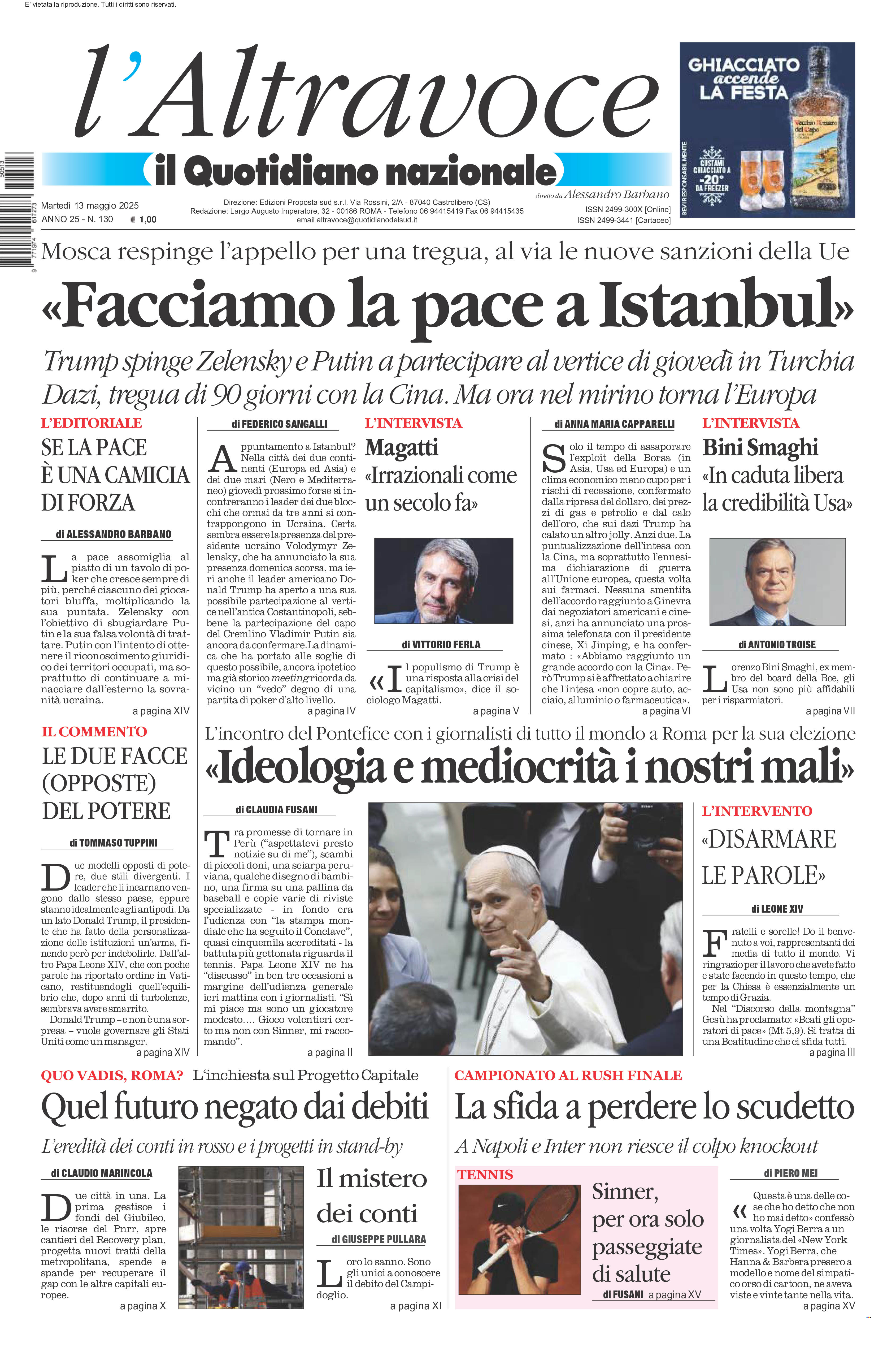 La prima pagina de l’ALTRAVOCE in edicola oggi
