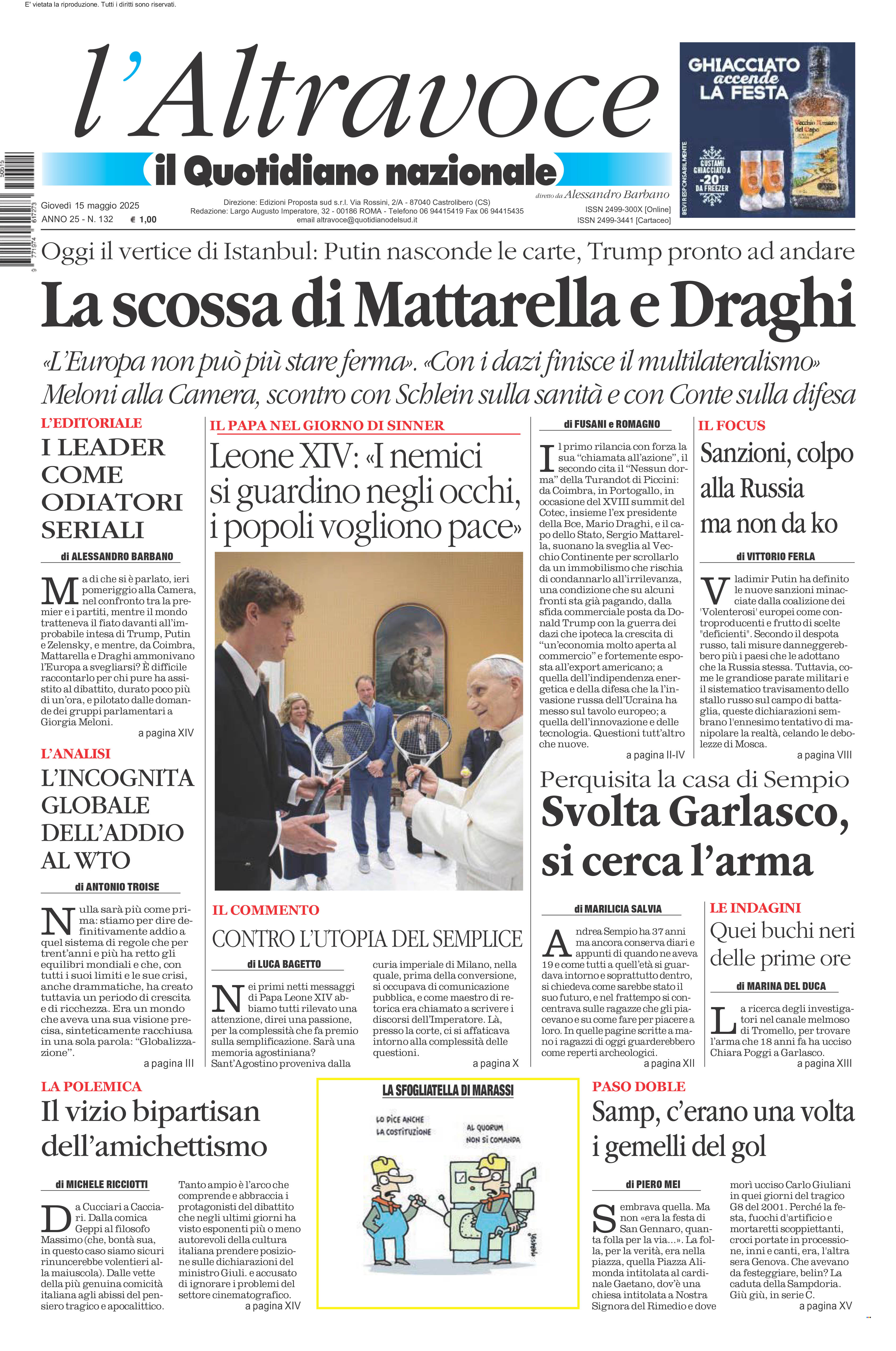 La prima pagina de l’ALTRAVOCE in edicola oggi