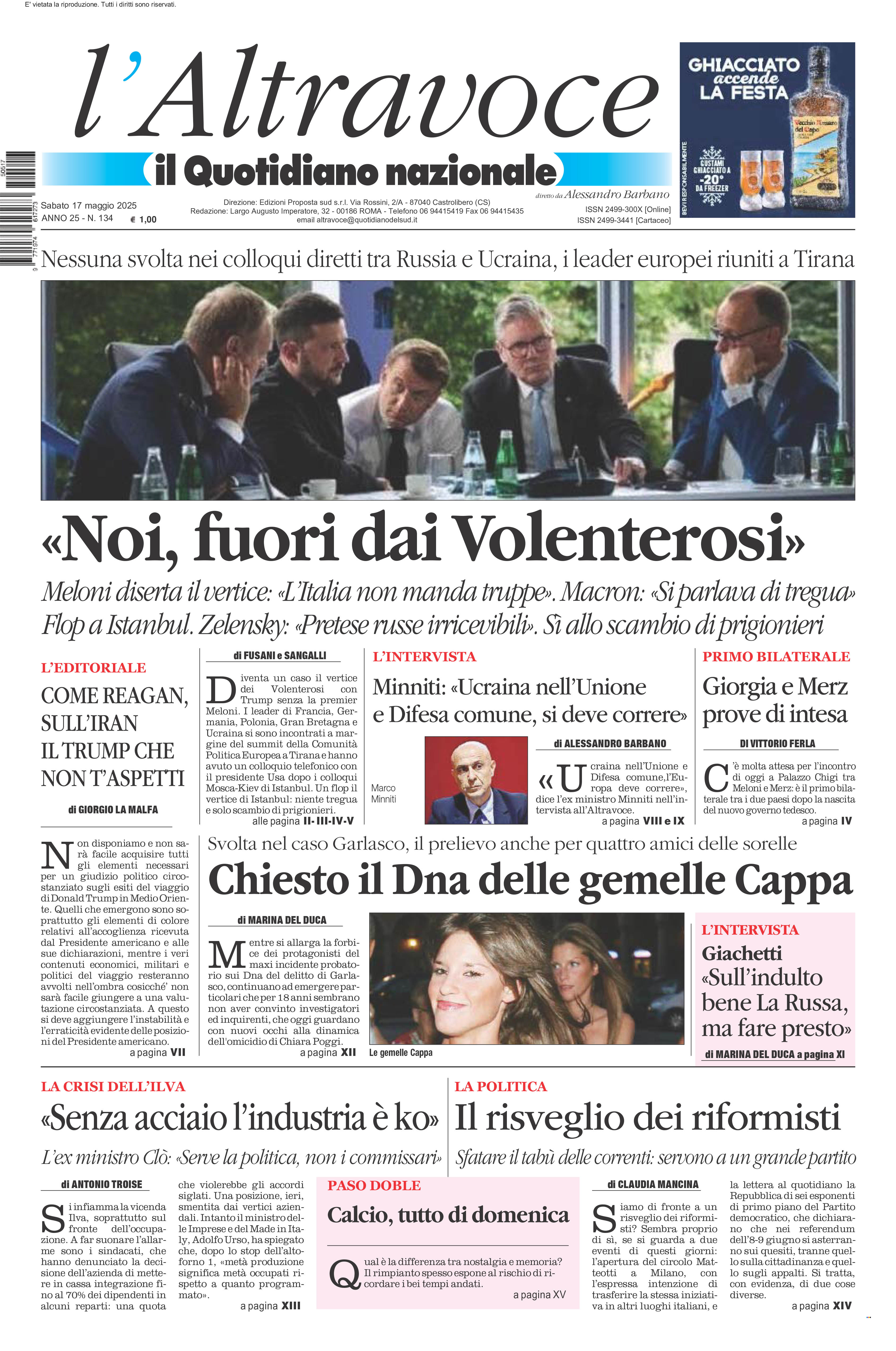 La prima pagina de l’ALTRAVOCE in edicola oggi