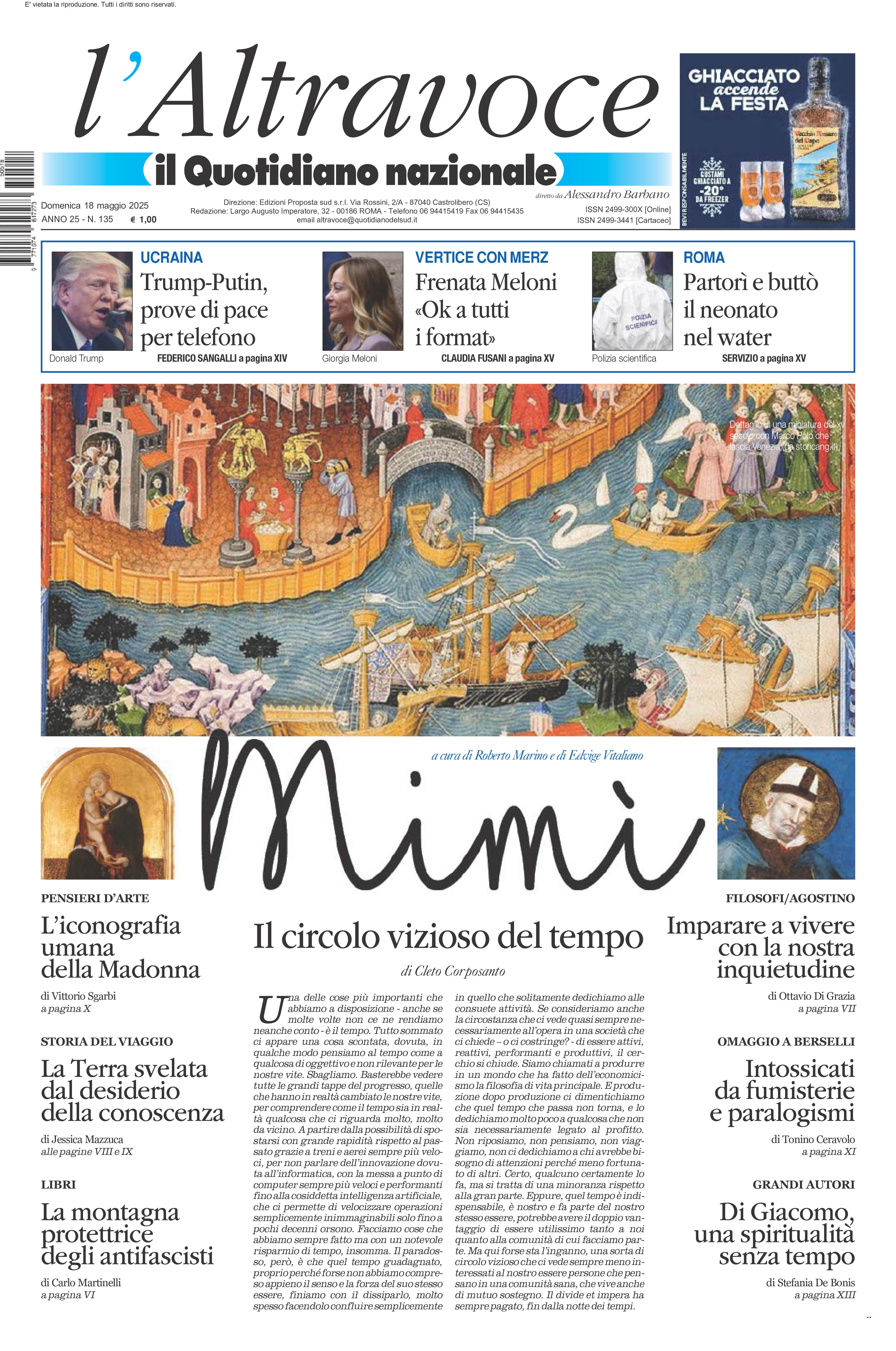 La prima pagina de l’ALTRAVOCE in edicola oggi