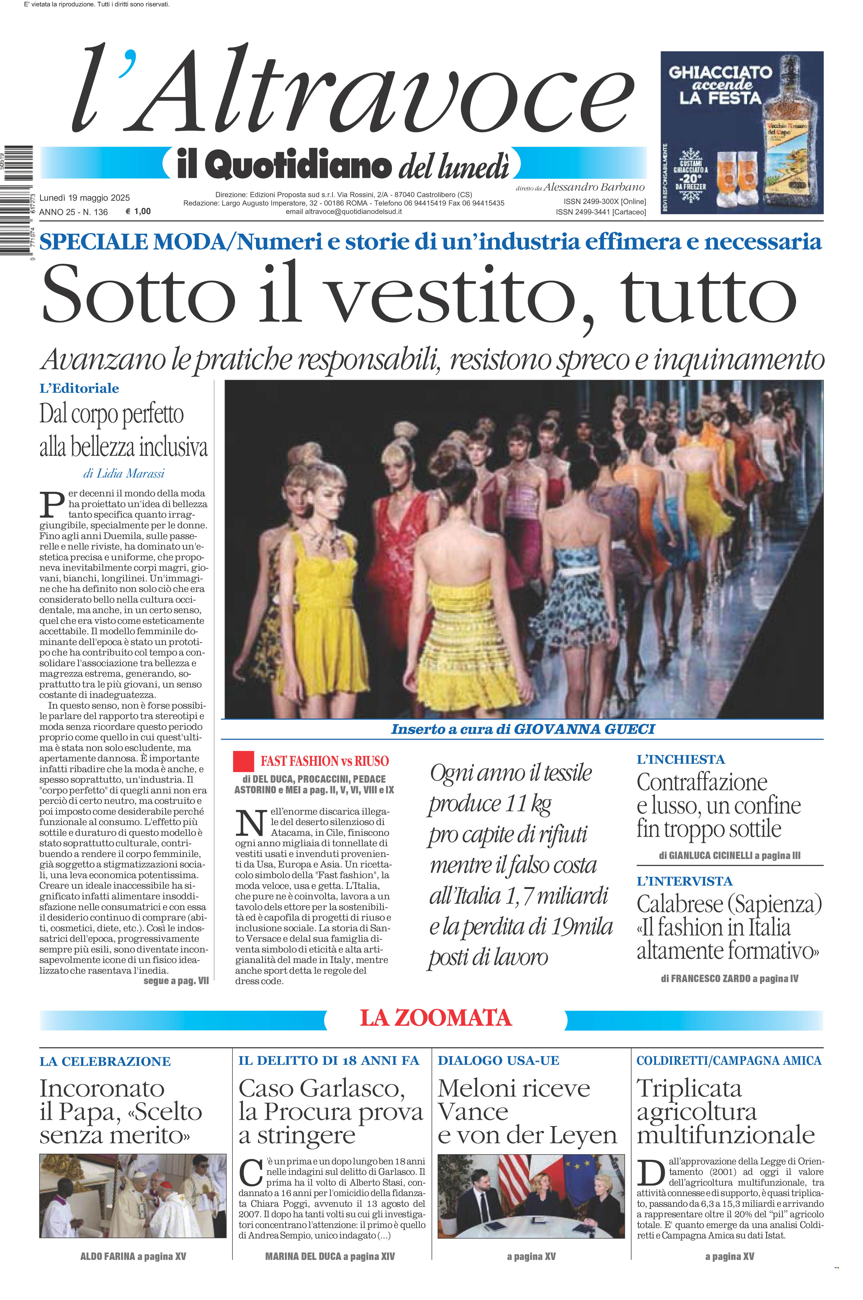 La prima pagina de l’ALTRAVOCE in edicola oggi