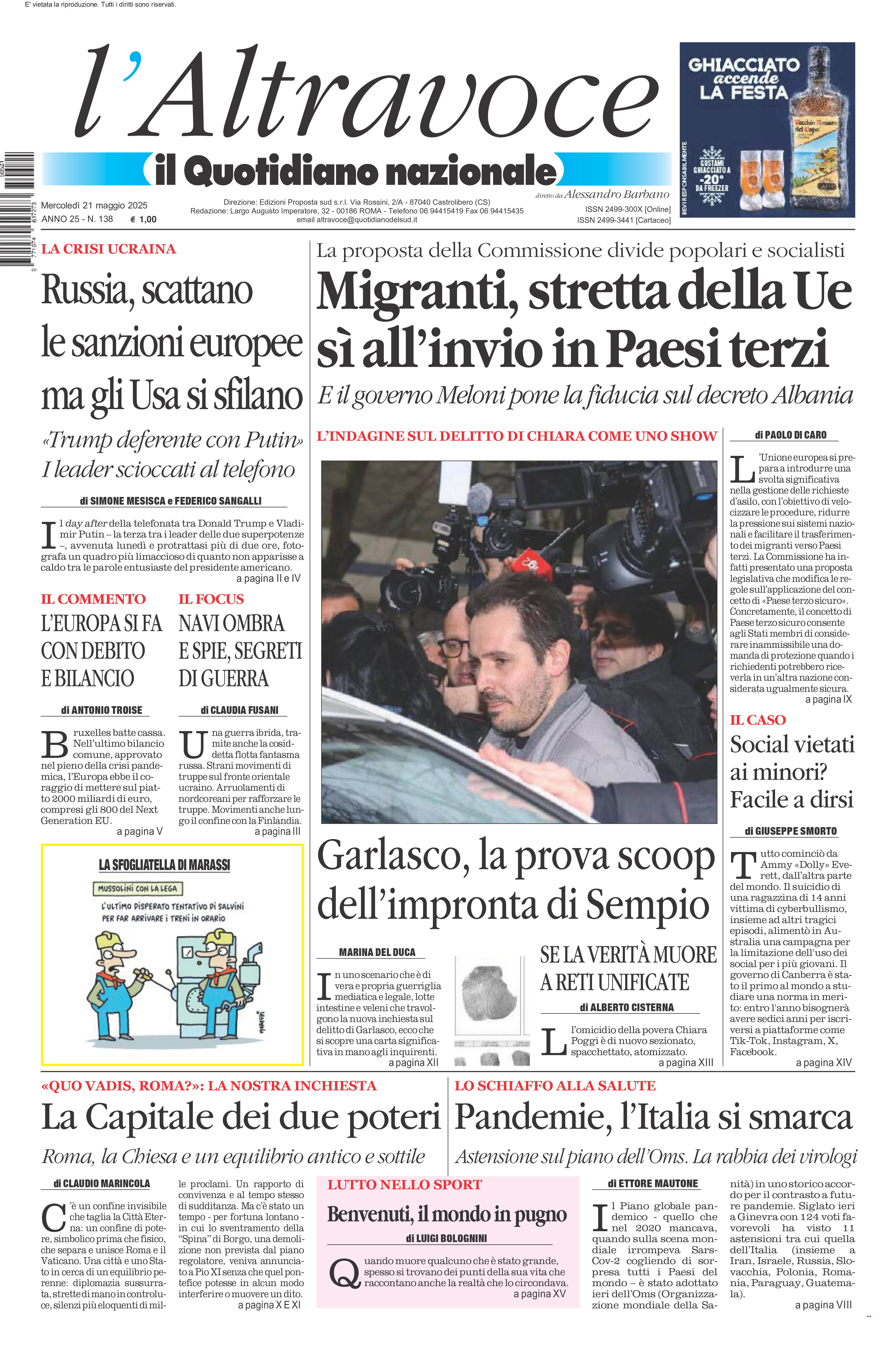 La prima pagina de l’ALTRAVOCE in edicola oggi