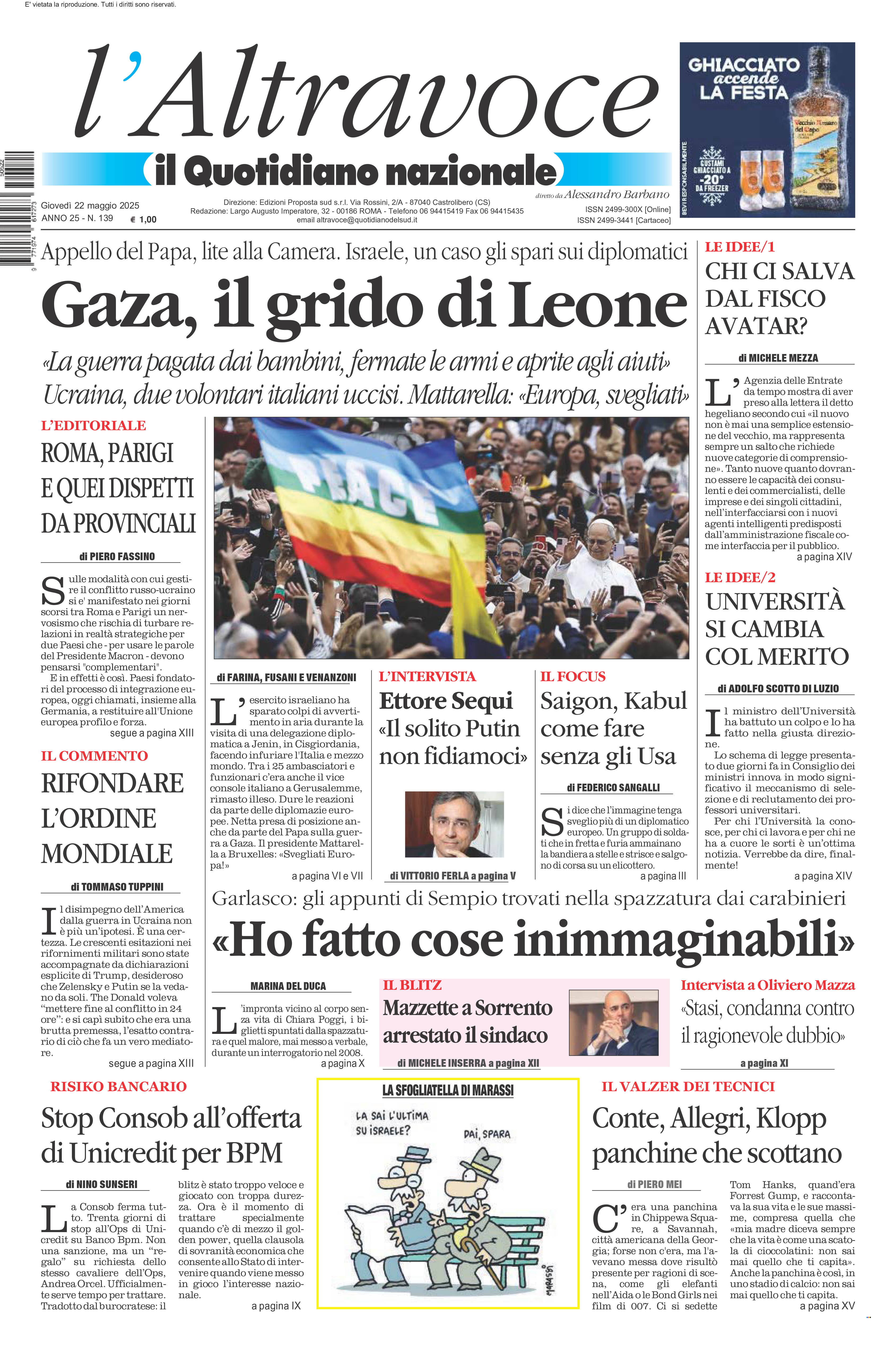 La prima pagina de l’ALTRAVOCE in edicola oggi