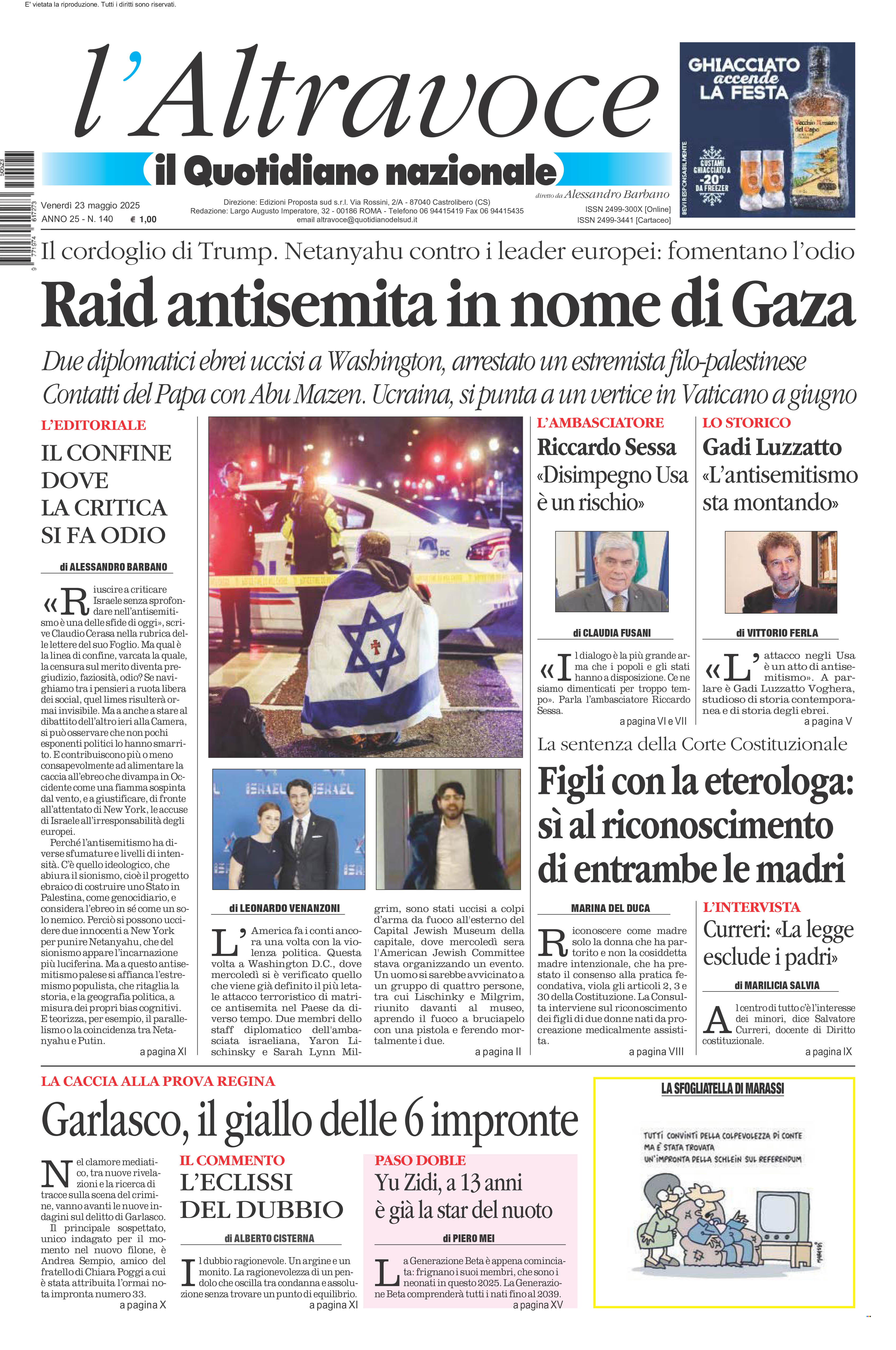 La prima pagina de l’ALTRAVOCE in edicola oggi