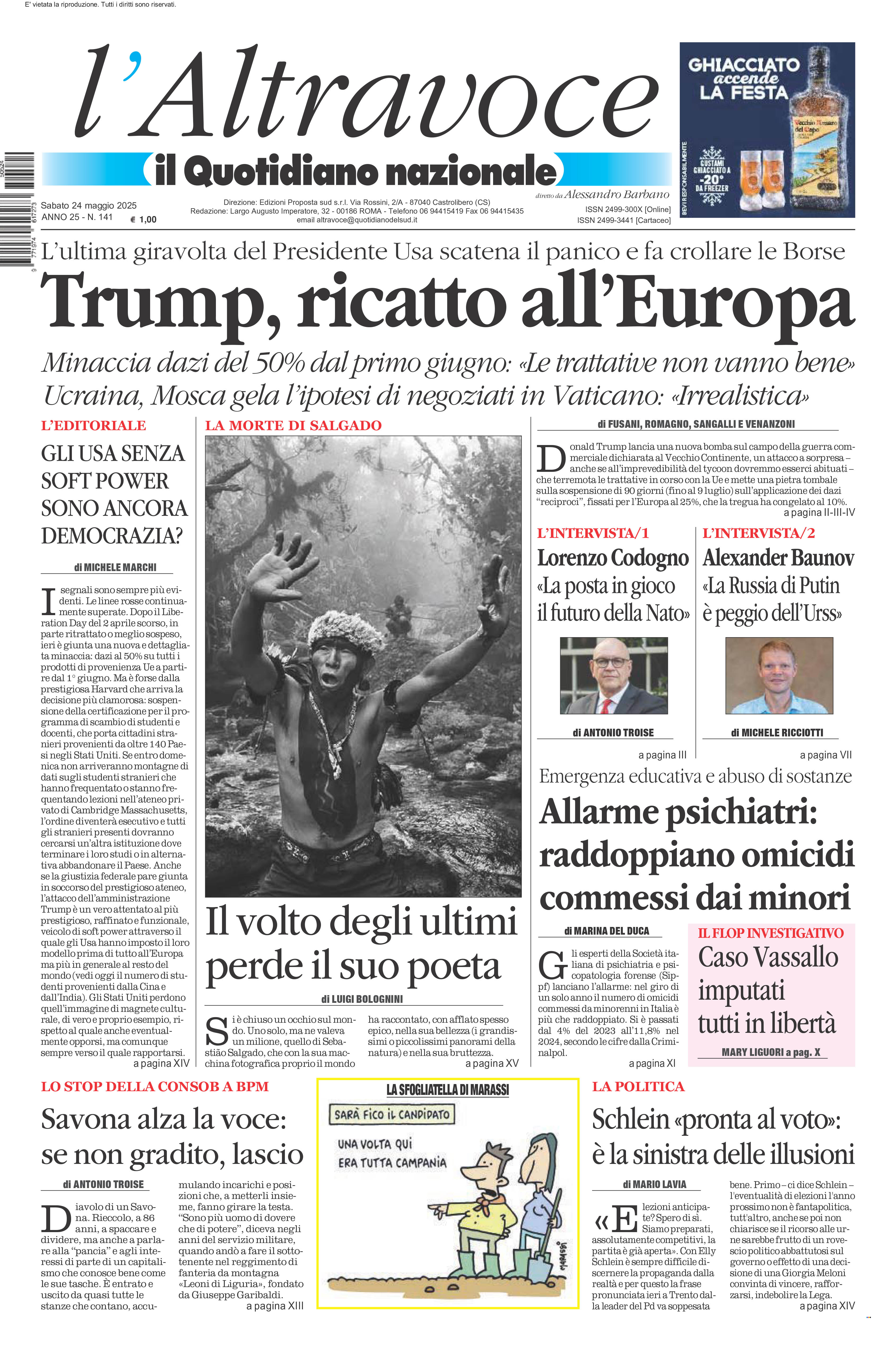 La prima pagina de l’ALTRAVOCE in edicola oggi