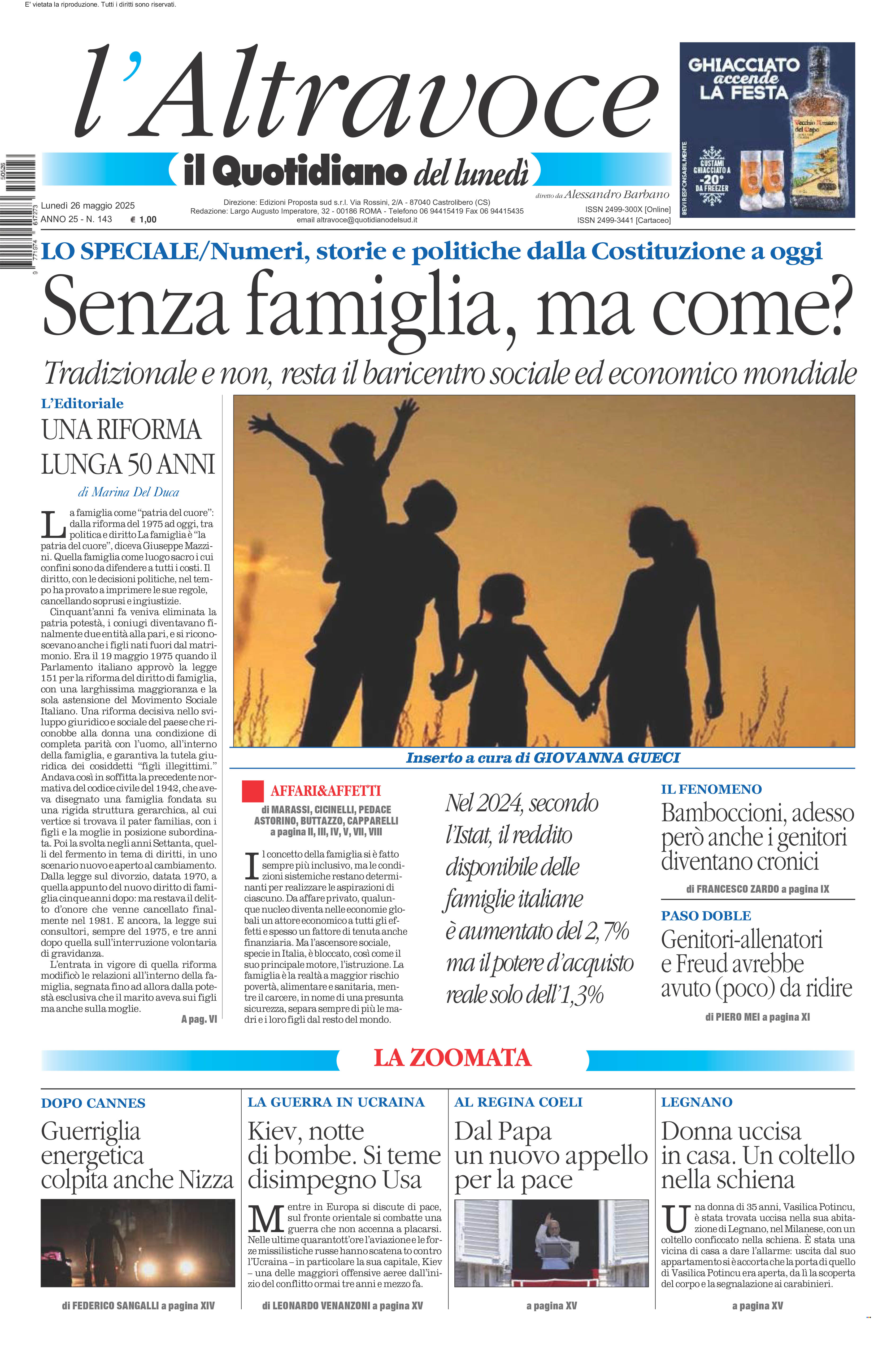 La prima pagina de l’ALTRAVOCE in edicola oggi