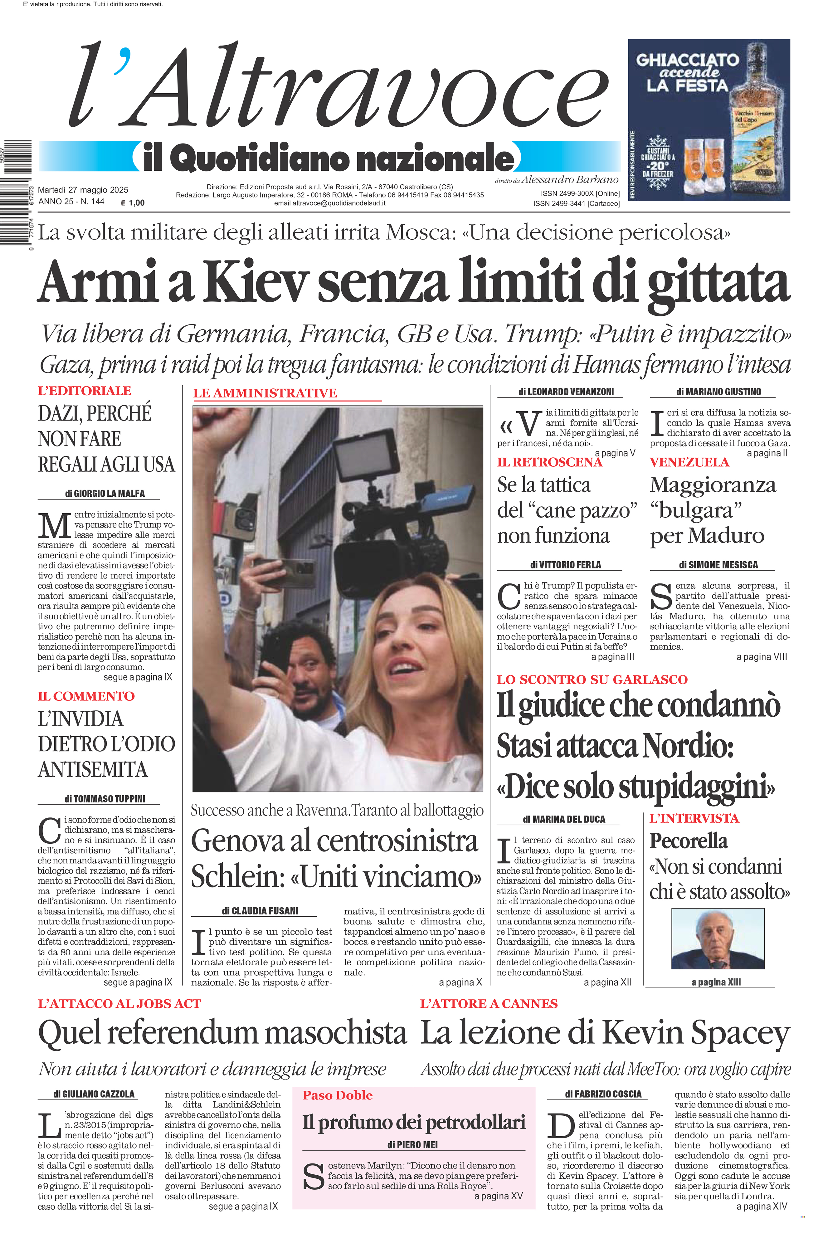 La prima pagina de l’ALTRAVOCE in edicola oggi