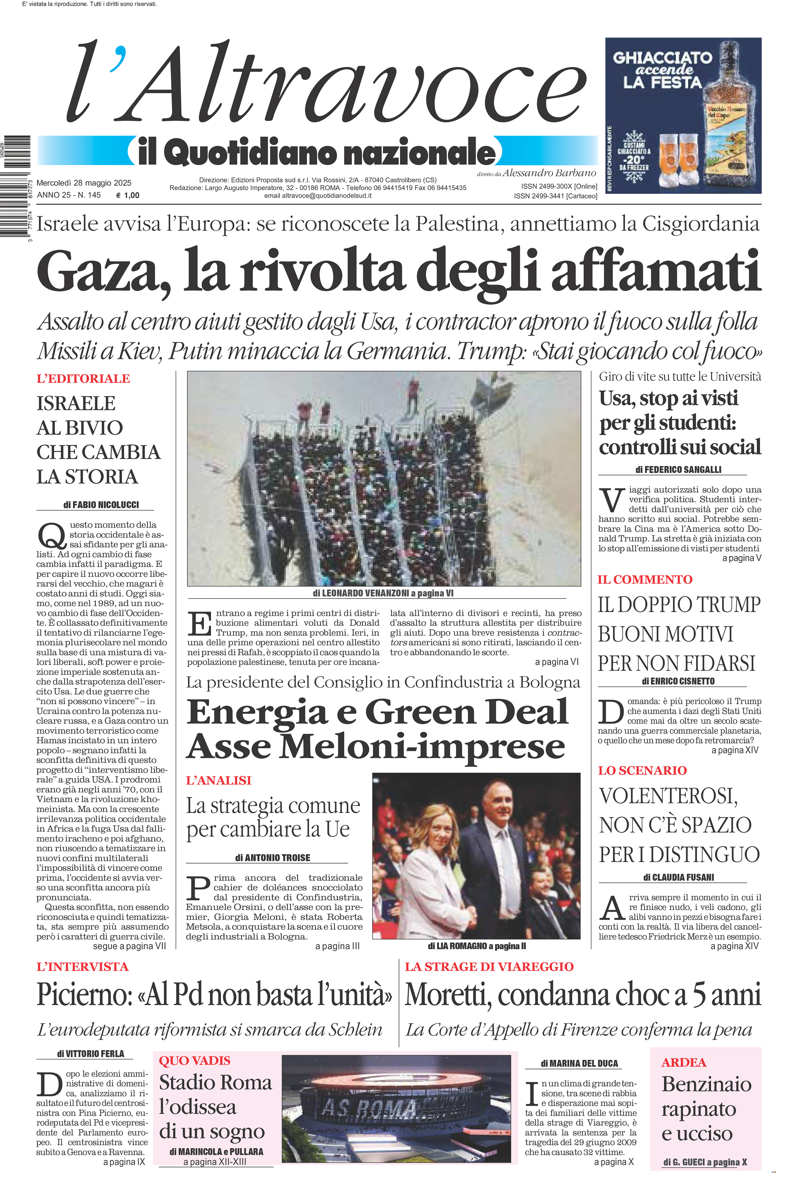 La prima pagina de l’ALTRAVOCE in edicola oggi