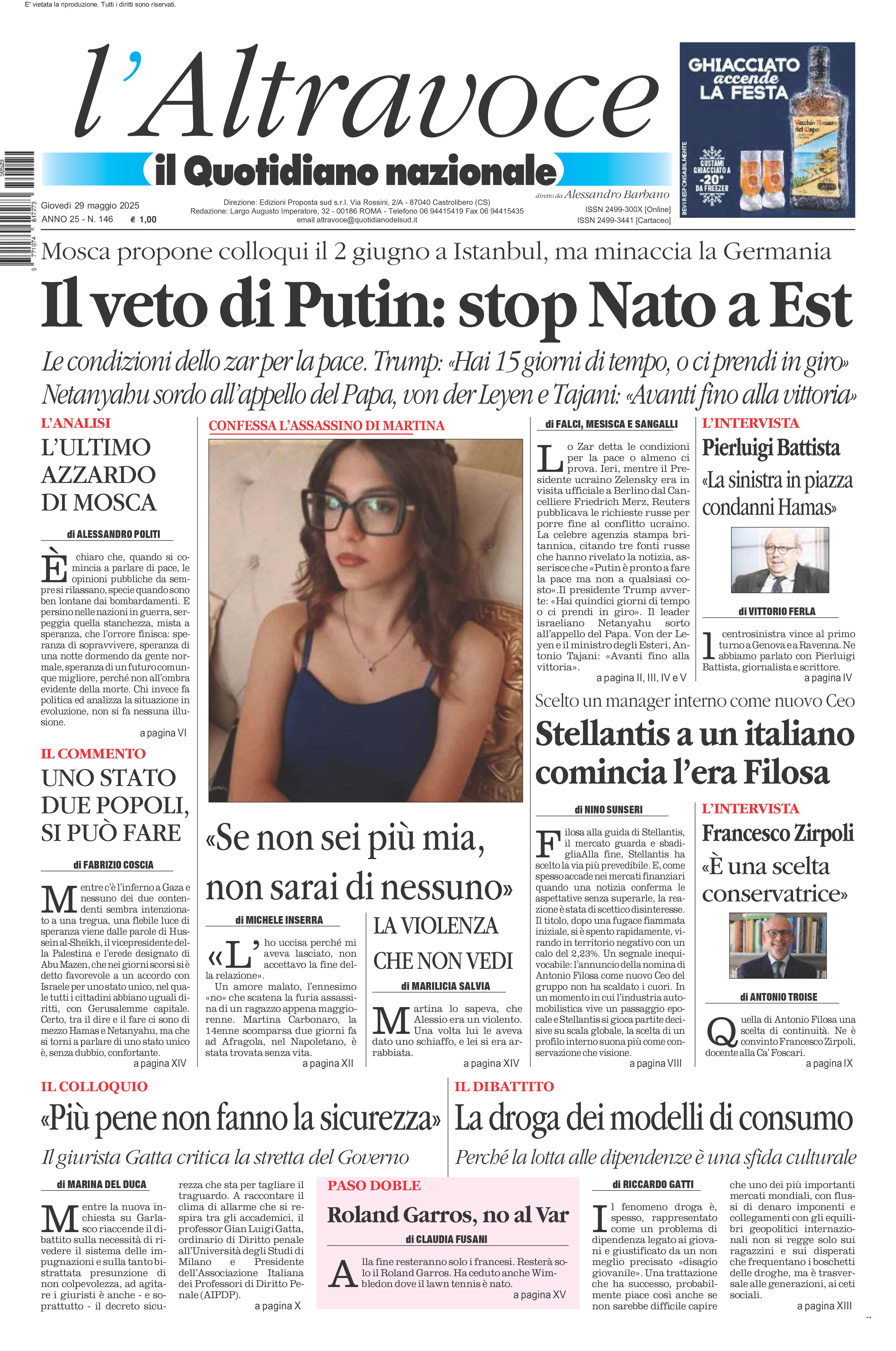La prima pagina de l’ALTRAVOCE in edicola oggi
