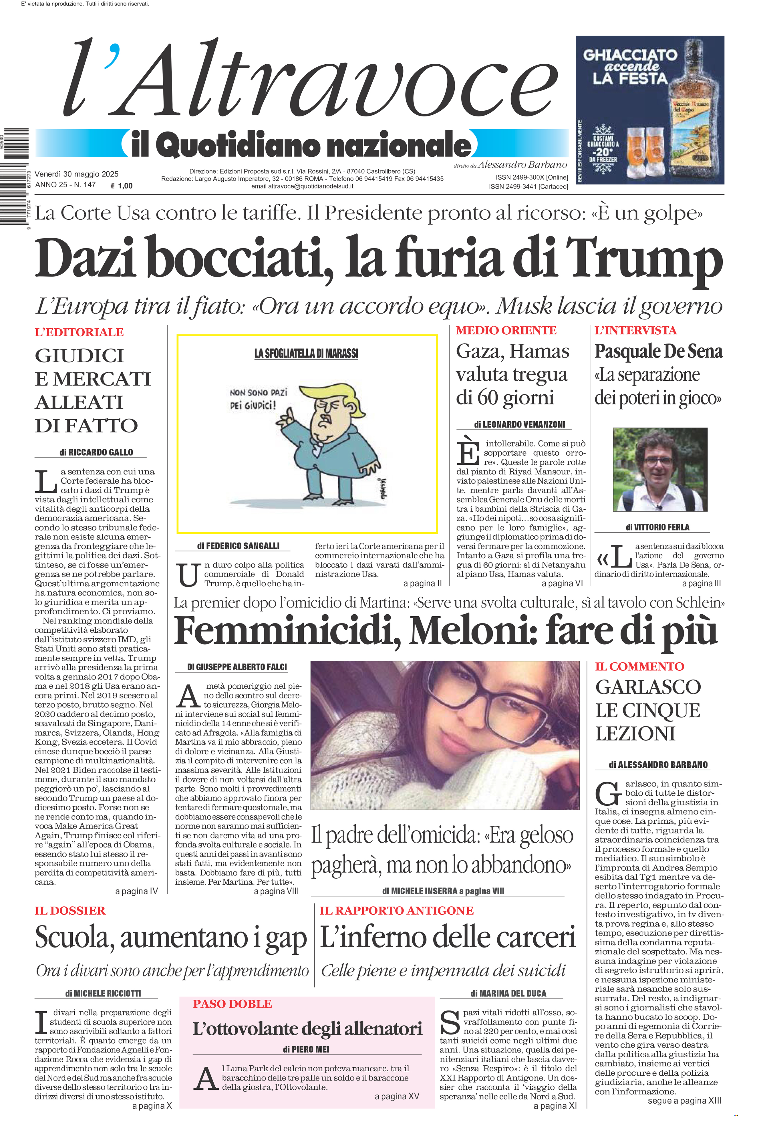 La prima pagina de l’ALTRAVOCE in edicola oggi