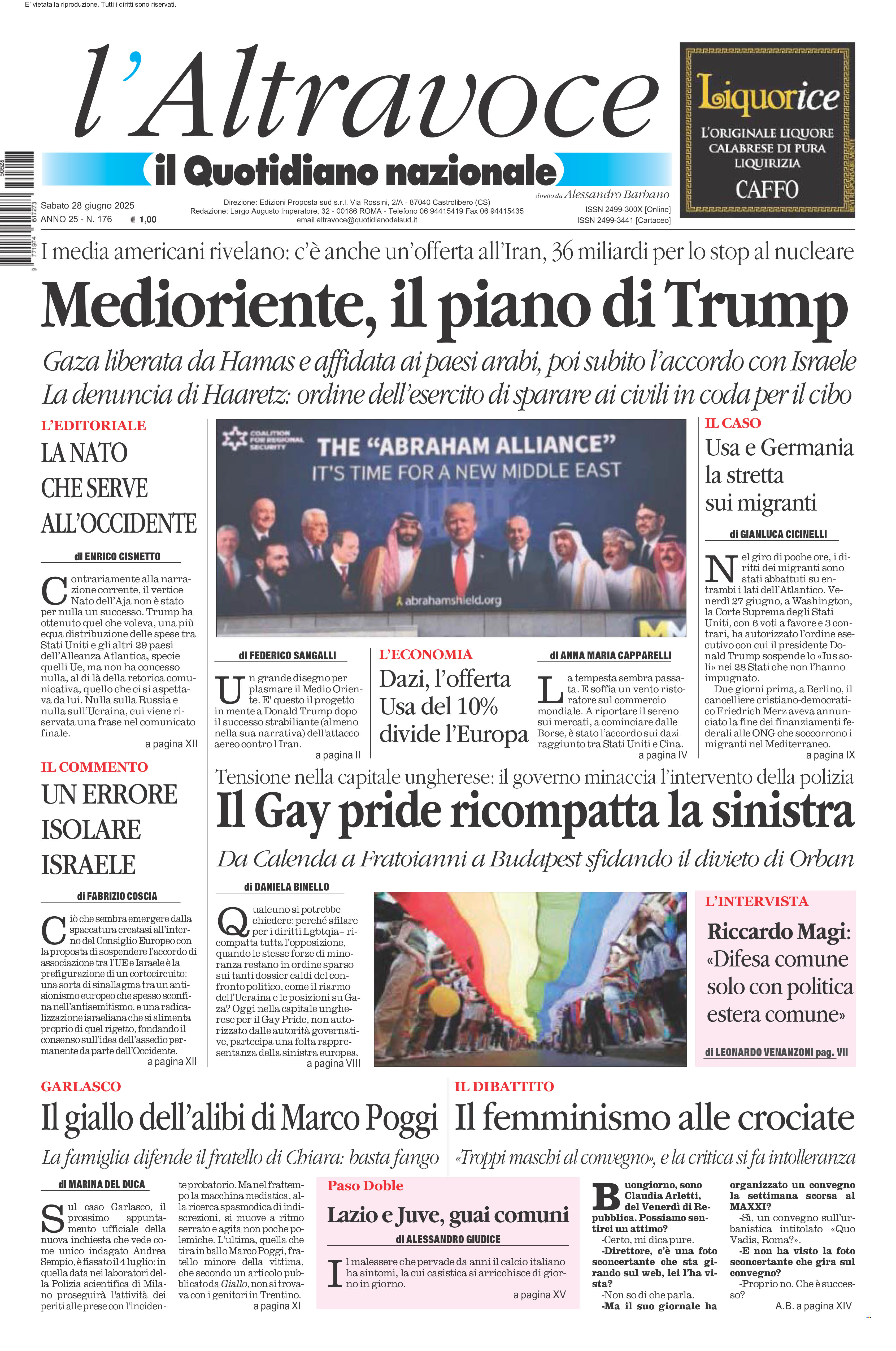 La prima pagina de l’ALTRAVOCE in edicola oggi