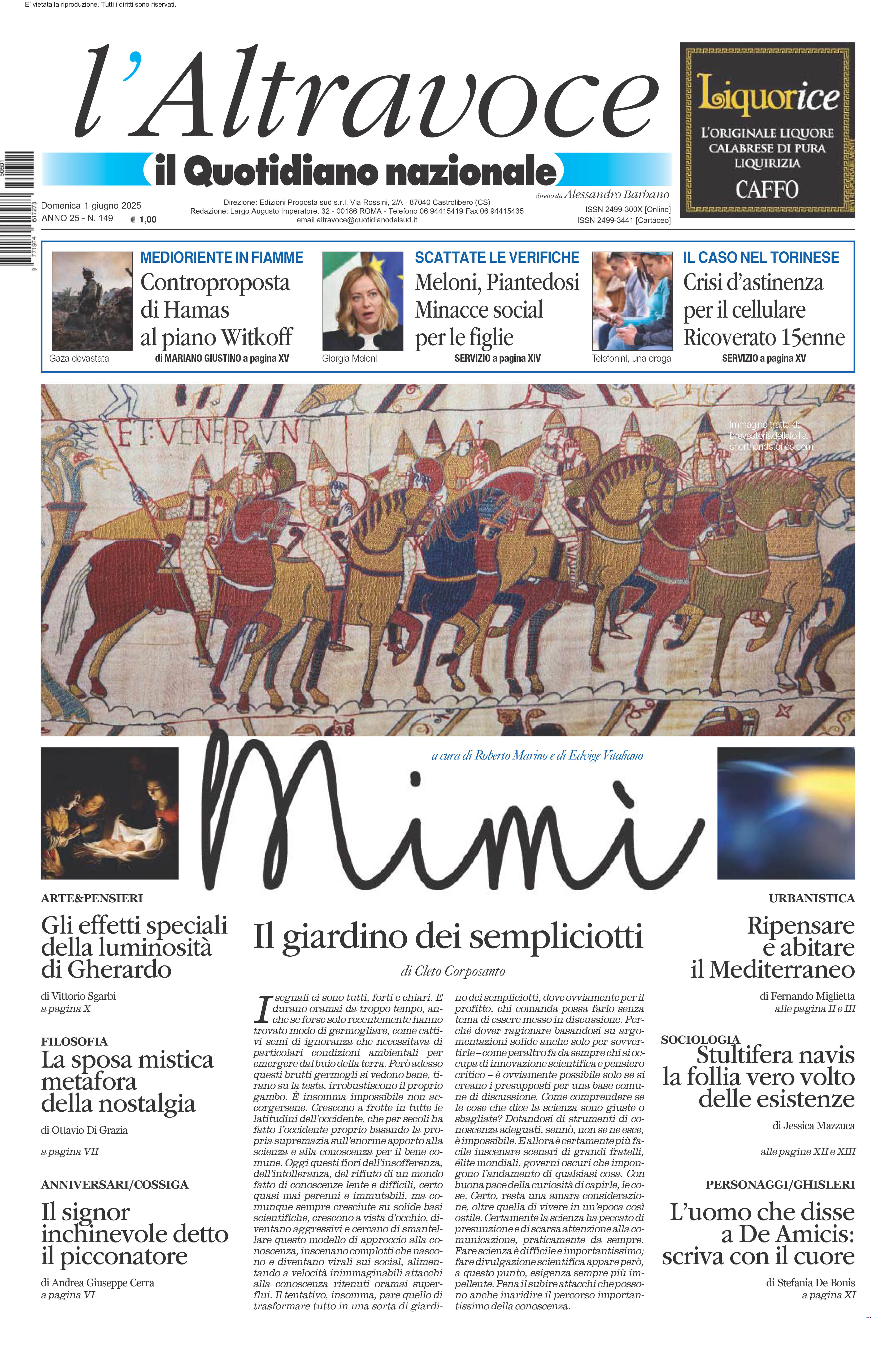 La prima pagina de l’ALTRAVOCE in edicola oggi