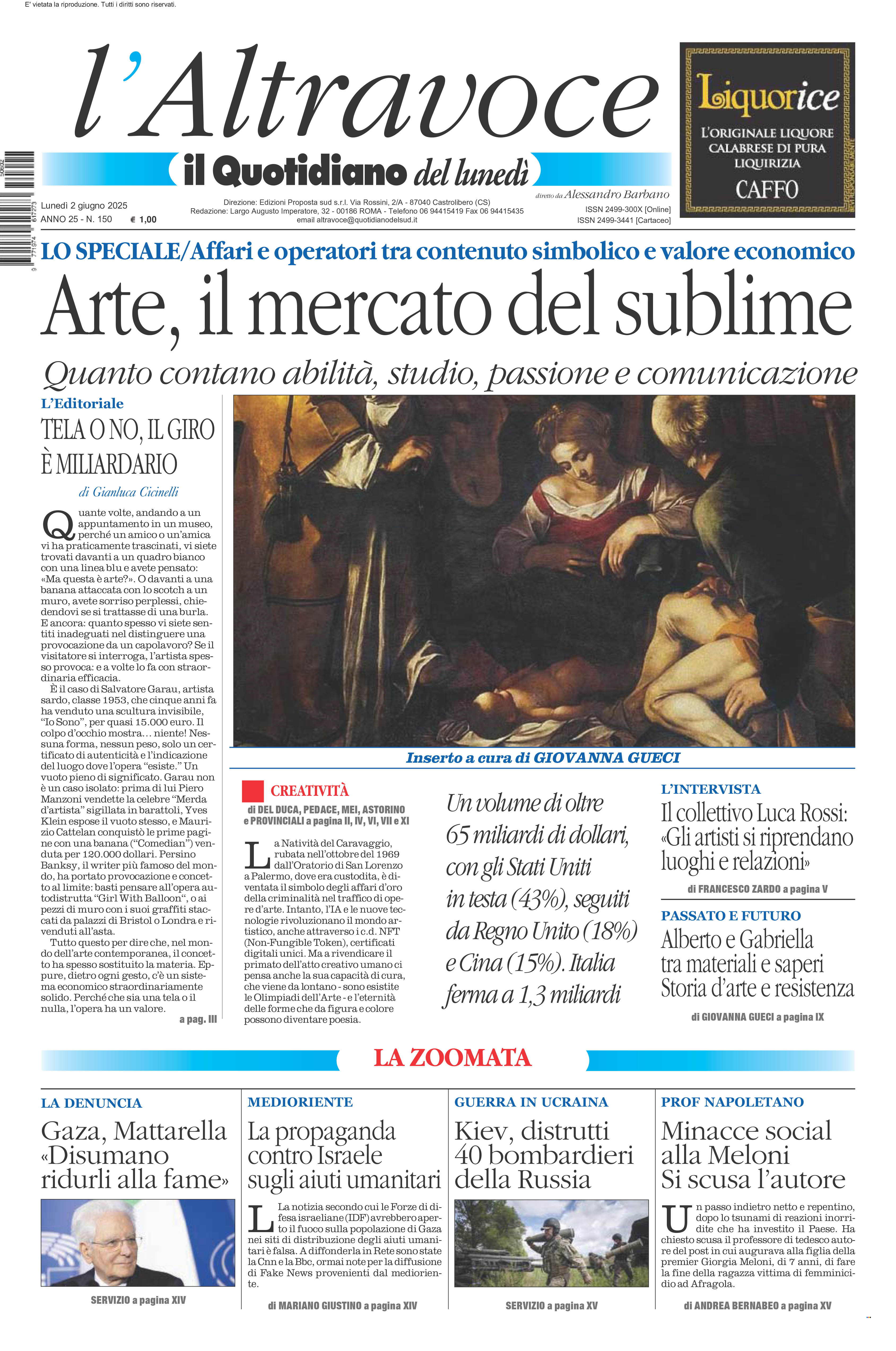La prima pagina de l’ALTRAVOCE in edicola oggi
