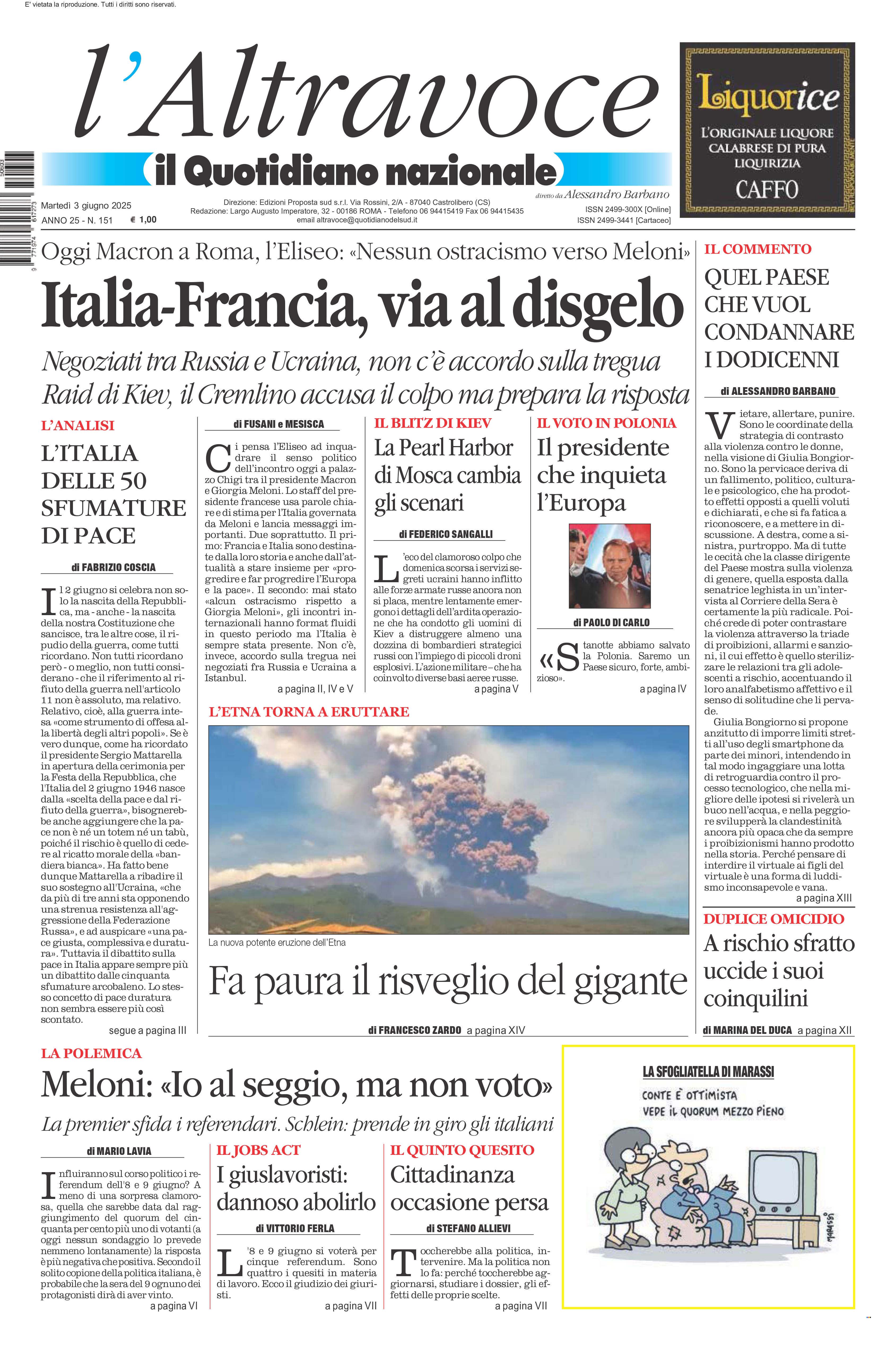 La prima pagina de l’ALTRAVOCE in edicola oggi