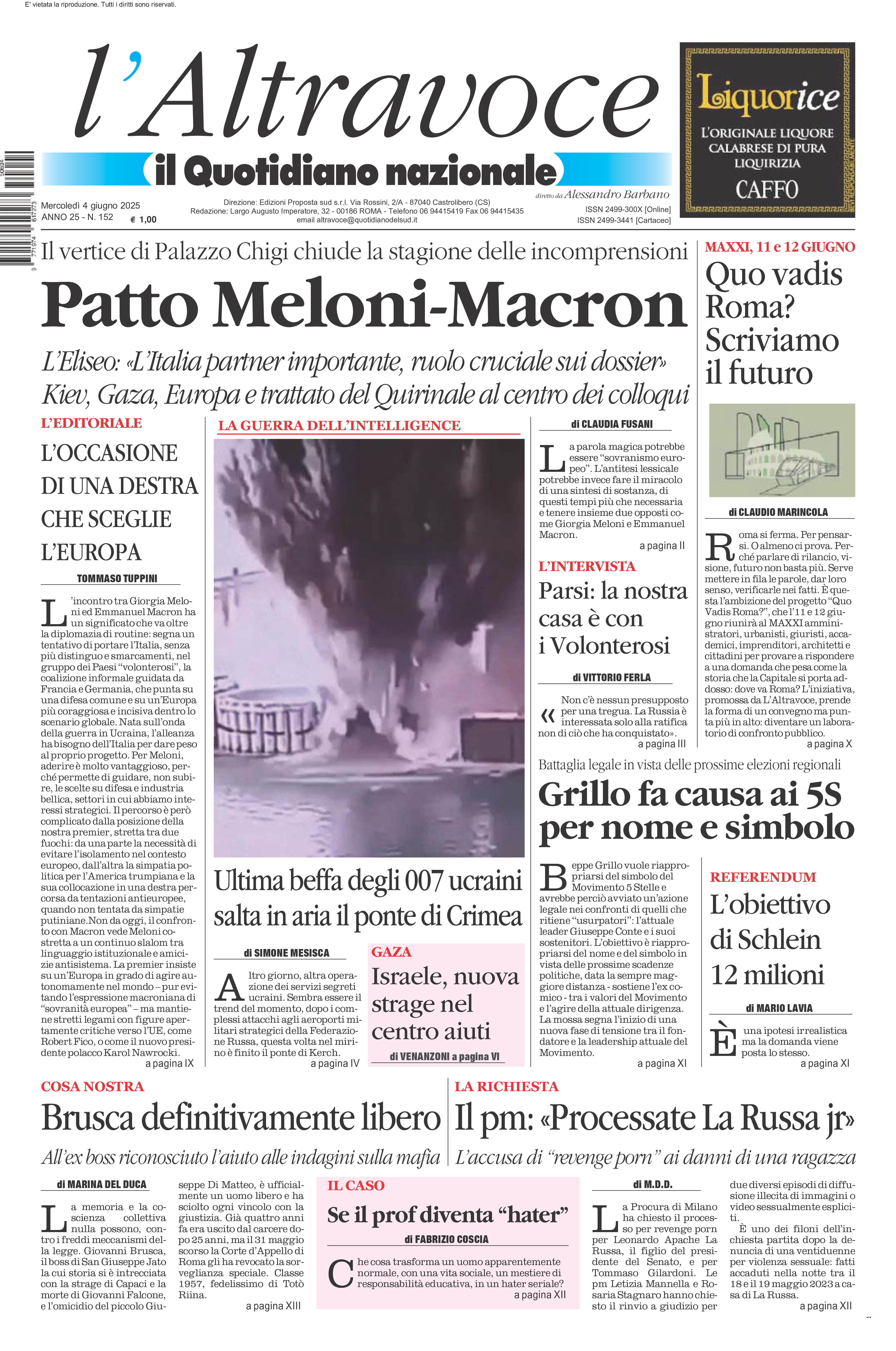 La prima pagina de l’ALTRAVOCE in edicola oggi