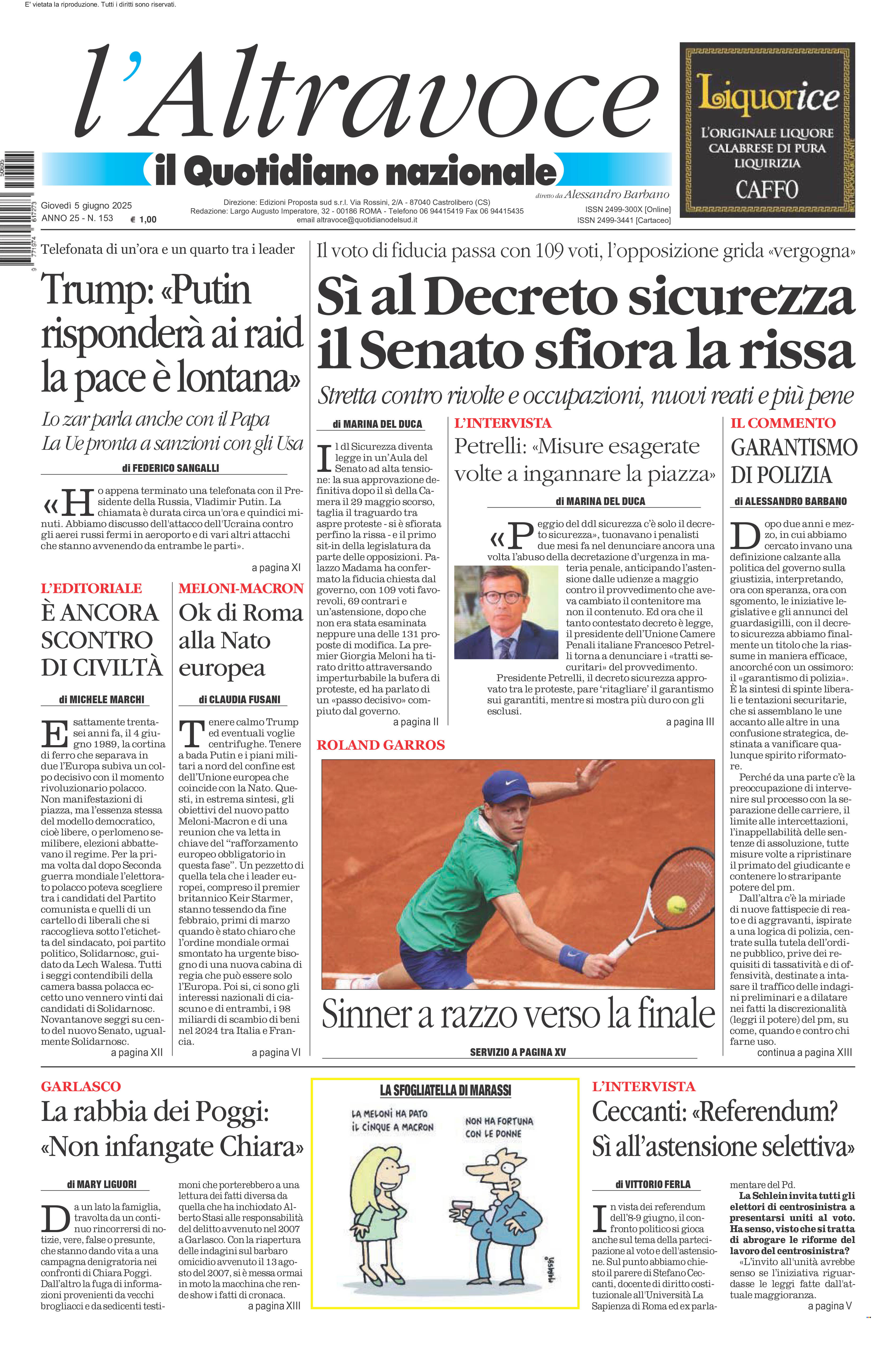 La prima pagina de l’ALTRAVOCE in edicola oggi