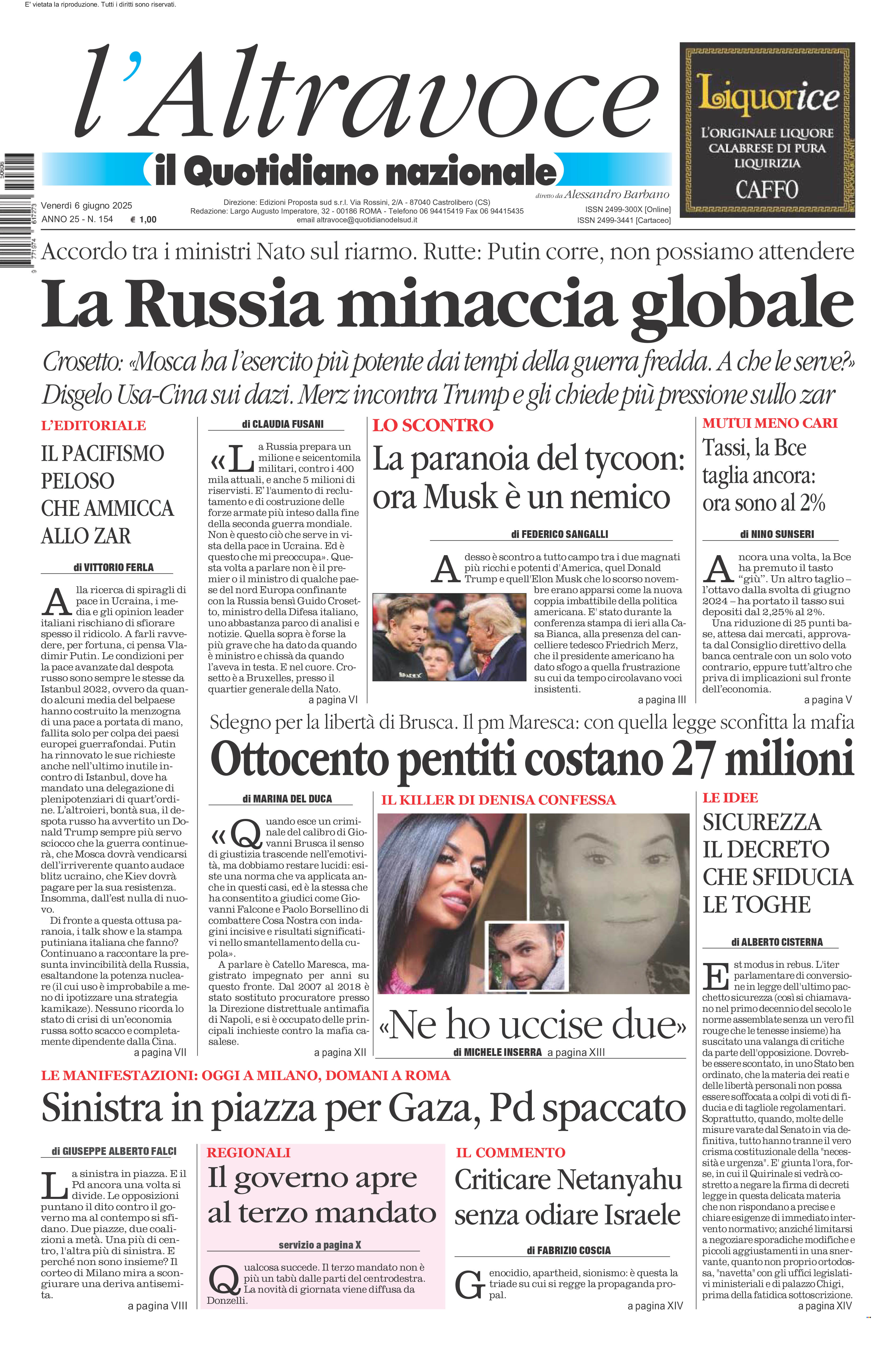 La prima pagina de l’ALTRAVOCE in edicola oggi