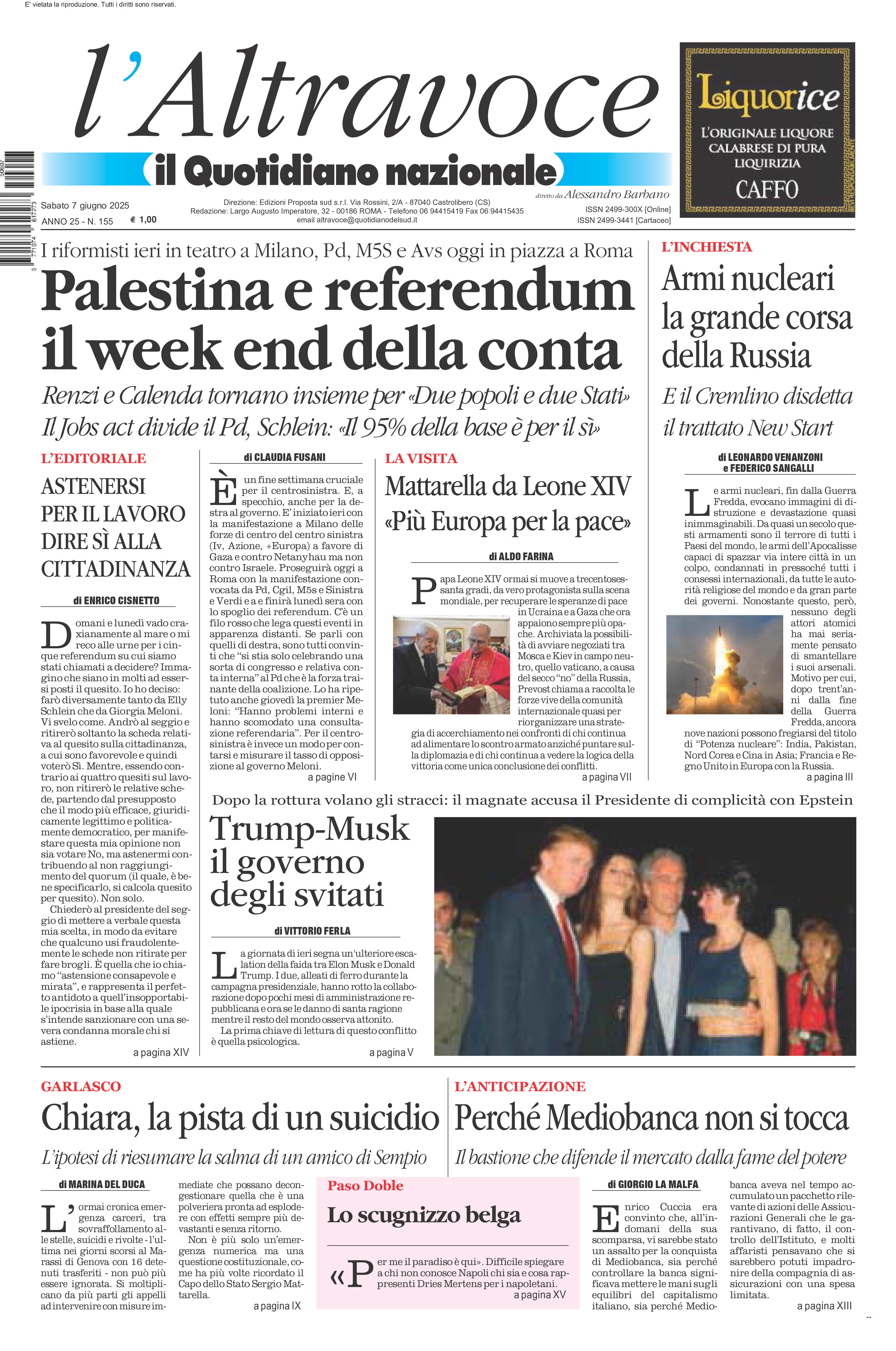 La prima pagina de l’ALTRAVOCE in edicola oggi