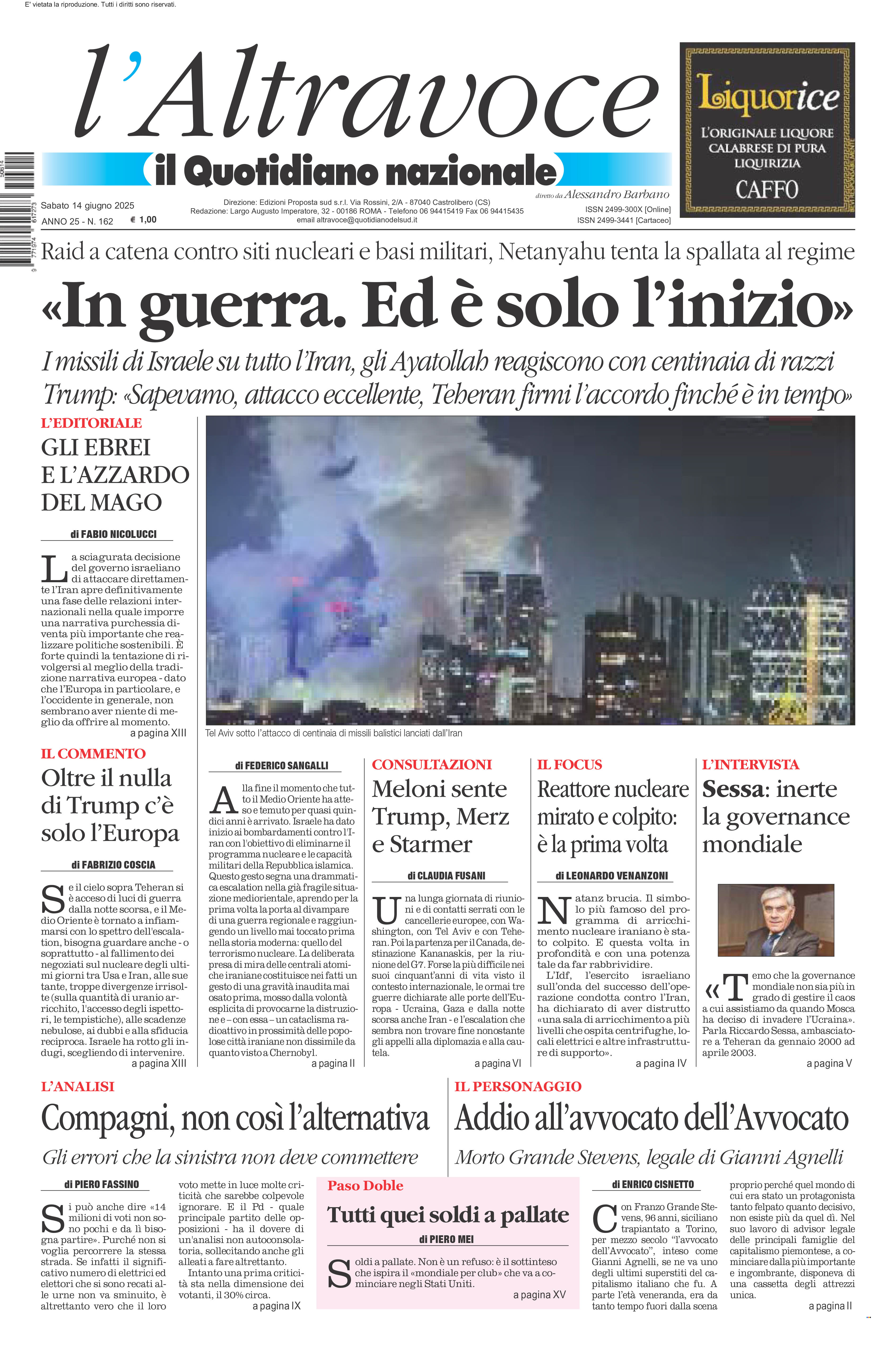 La prima pagina de l’ALTRAVOCE in edicola oggi