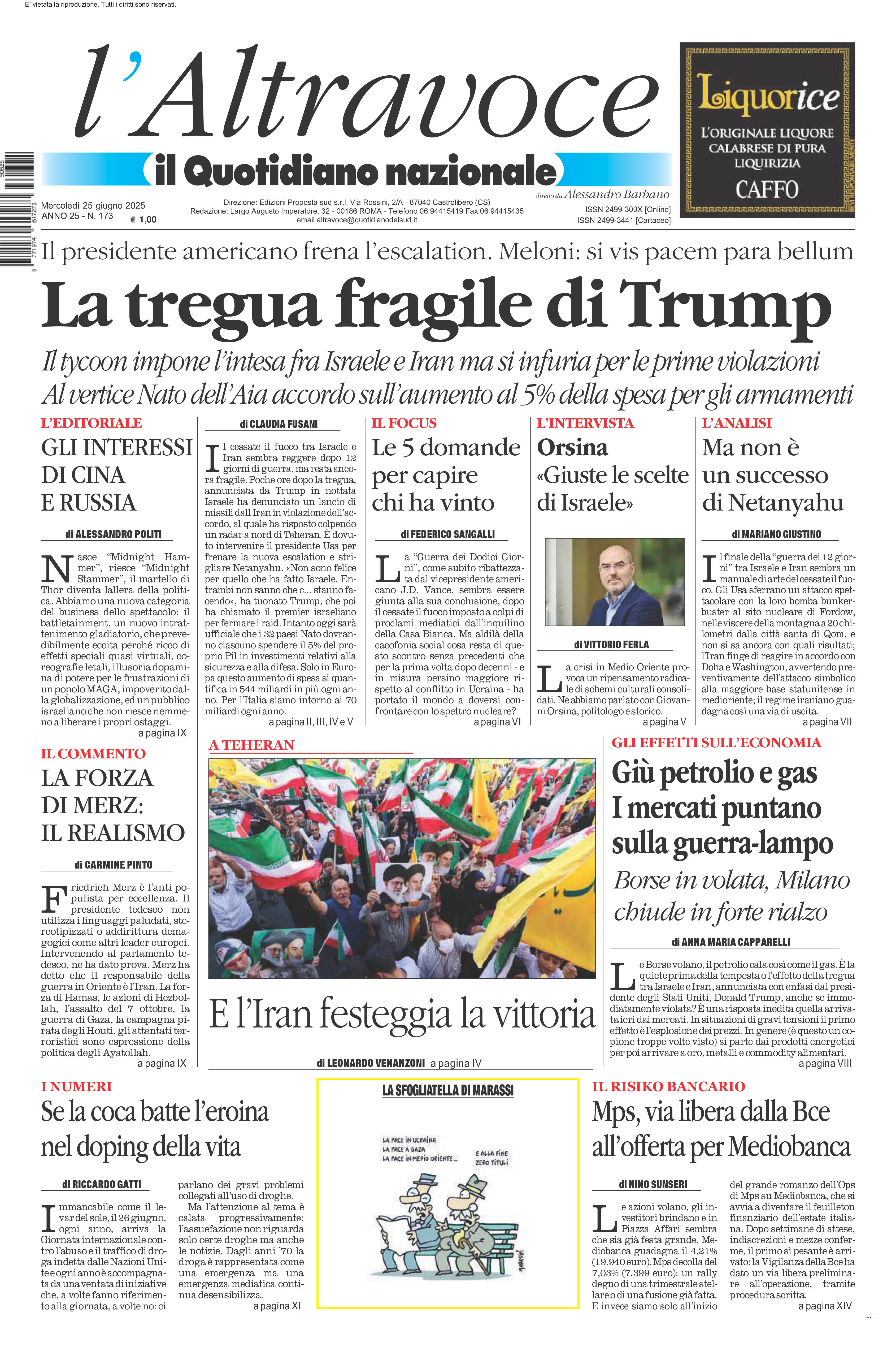 La prima pagina de l’ALTRAVOCE in edicola oggi