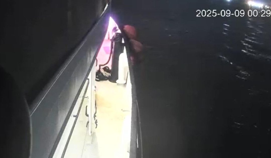 Un frame tratto da un video distribuito su social network dalla Global Sumud Flotilla, mostra un momento dell'esplosione verificatasi a bordo della nave "Family", che si trovava in acque tunisine, a Sidi Bou Said. Secondo l'organizzazione i filmati «confermano l'attacco di un drone» contro una delle imbarcazioni dirette a Gaza.