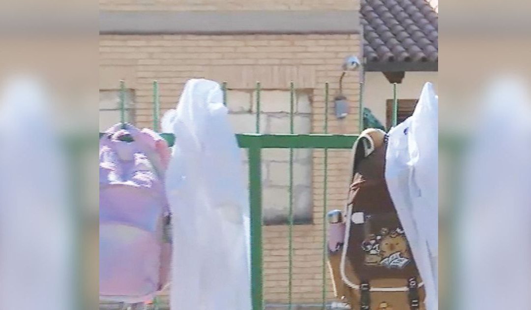 Gli zaini fuori dalla scuola elementare di San Mauro forte (foto da Tgr Basilicata)