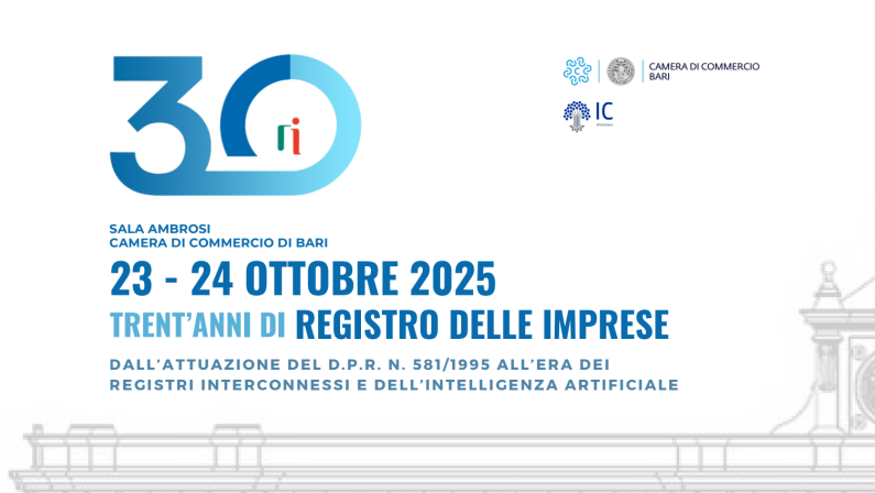 Trent’anni di Registro delle Imprese, a Bari da domani il convegno nazionale