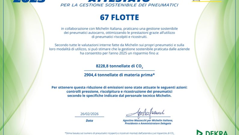 Michelin premia 67 flotte con Attestato per la Gestione Sostenibile dei Pneumatici