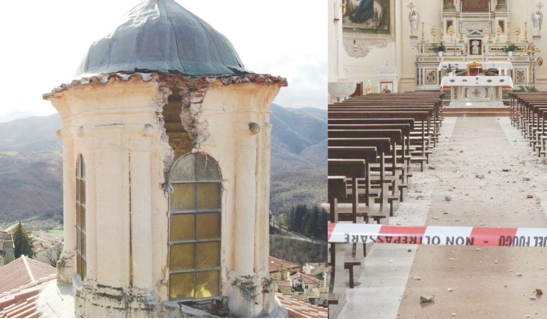 Lo squarcio sulla cupola in muratura: le pietre sono finite all’interno (foto da Facebook)