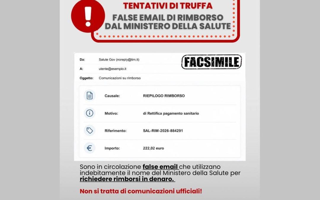 Email truffa su rimborsi, l’alert del ministero della Salute: “Non cliccare su link”
