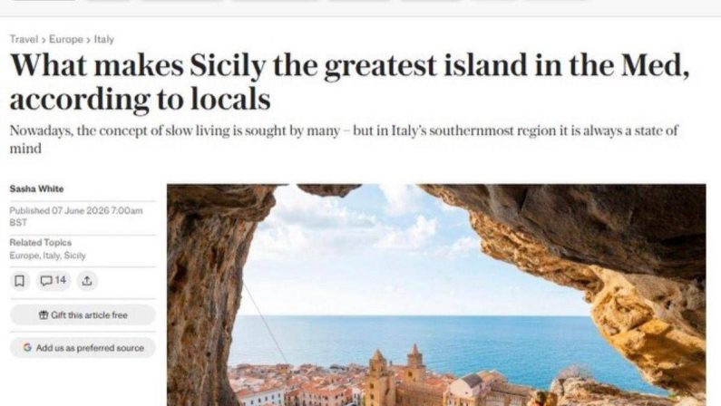 Per Telegraph ora la Sicilia è “l’isola più bella” del Mediterraneo. Schifani: “Servizio riparatorio dopo caso Dua Lipa”