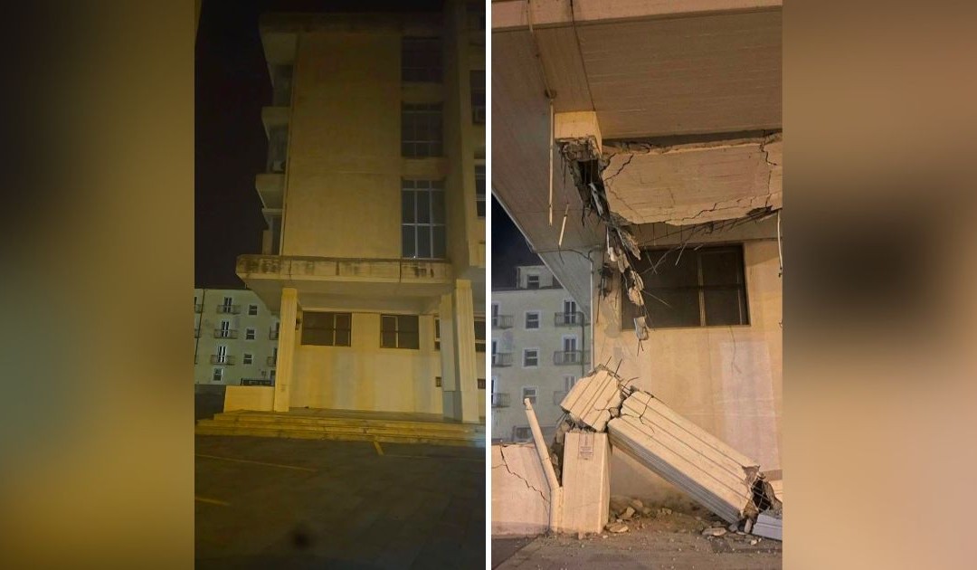 Tribunale di Corigliano-Rossano, a sinistra la foto fake del crollo, a destra il tribunale in realtà