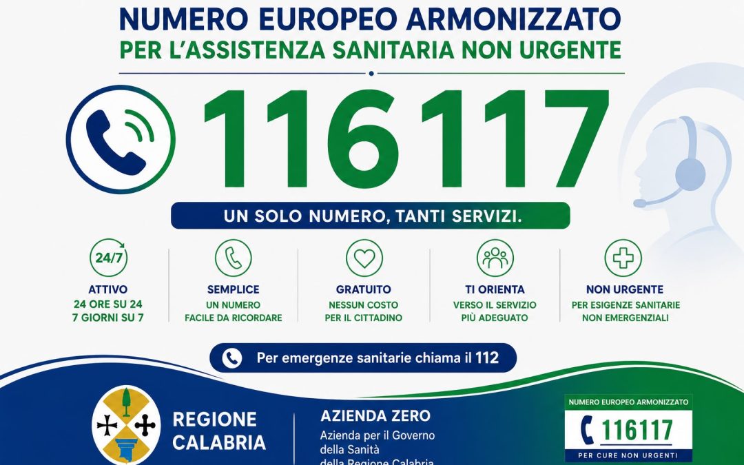 Al via in Calabria il Numero Europeo Armonizzato 116117 per le richieste sanitarie non urgenti