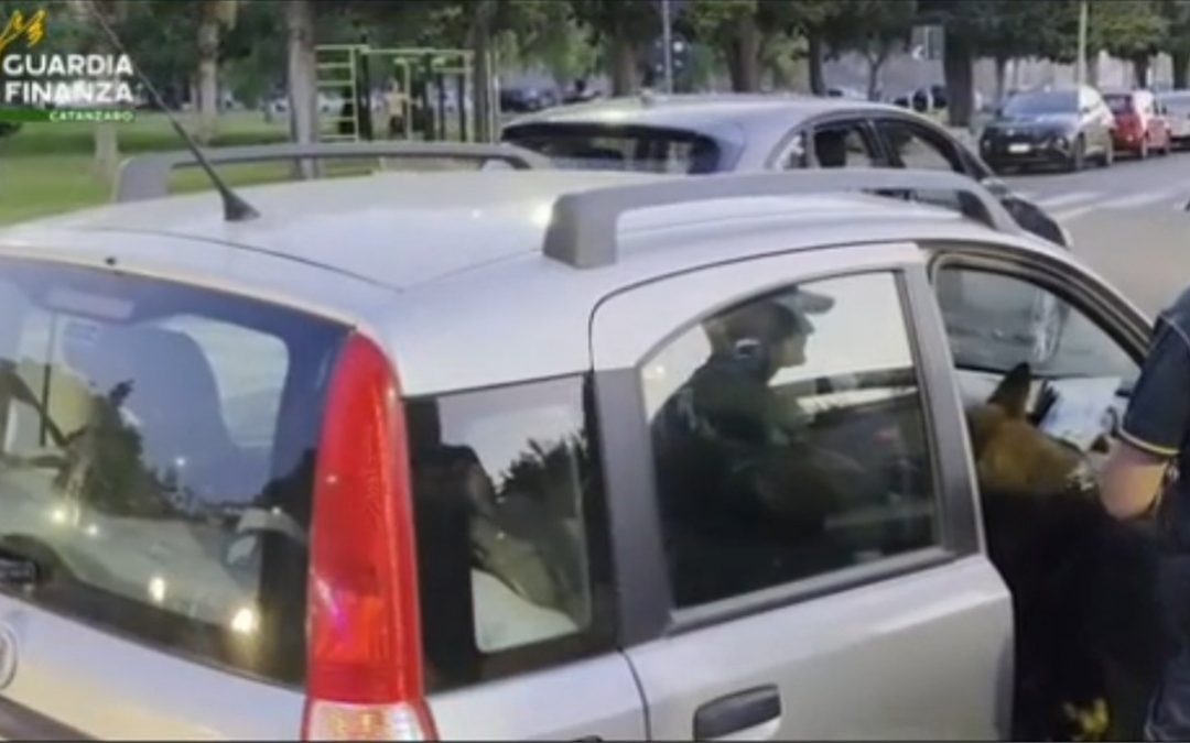 Un agente della Guardia di Finanza controlla un'automobile con l'ausilio di un cane antidroga