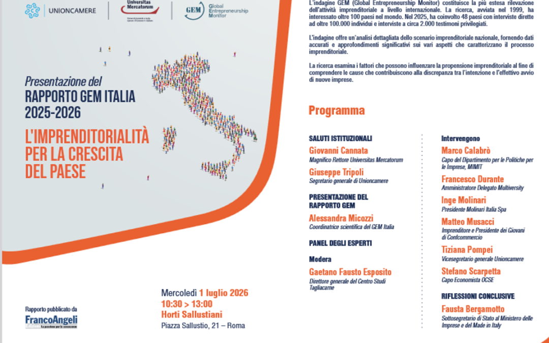 Rapporto Gem Italia 2025-26 di Universitas Mercatorum, tasso attivazione 11%, Italia 30ma su 48 paesi