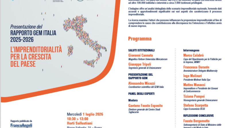 Rapporto Gem Italia 2025-26 di Universitas Mercatorum, tasso attivazione 11%, Italia 30ma su 48 paesi