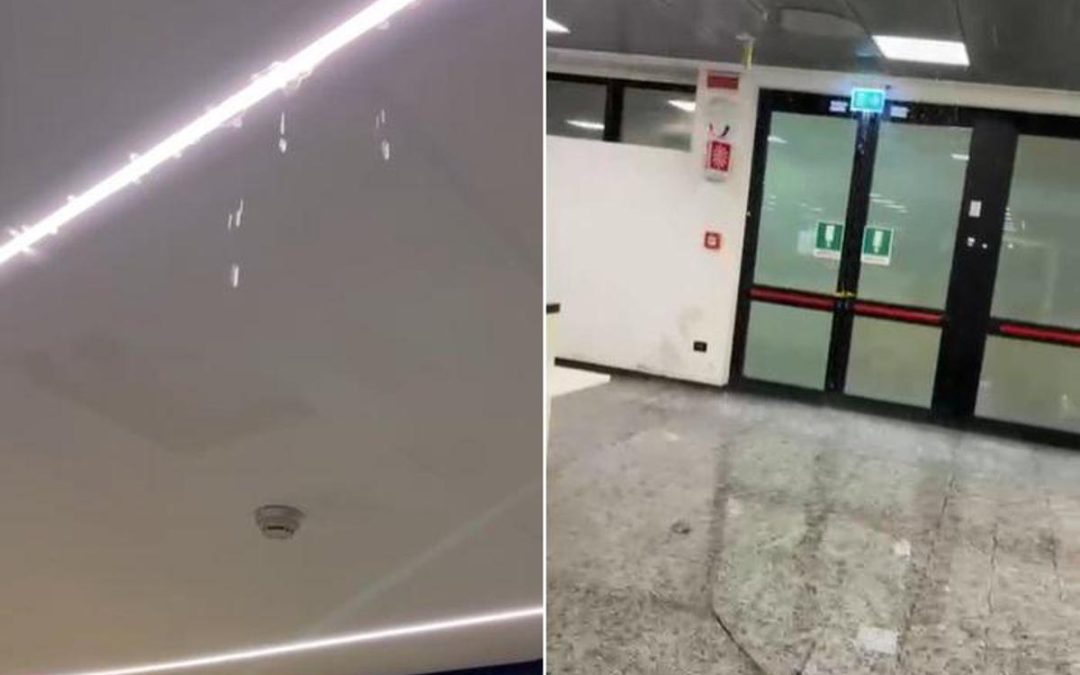 Piove dentro l’aeroporto di Milano Malpensa, acqua vicino a bagagli e biglietteria