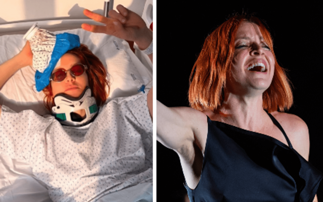 Noemi torna sul palco dopo la caduta: “Dove eravamo rimasti?”