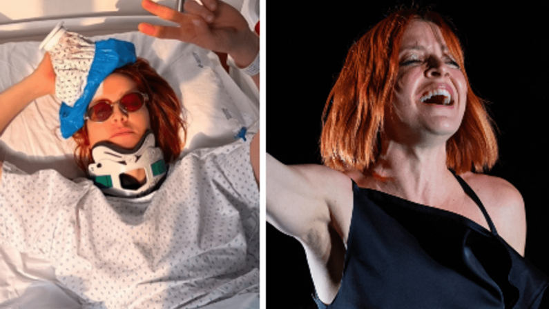 Noemi torna sul palco dopo la caduta: “Dove eravamo rimasti?”